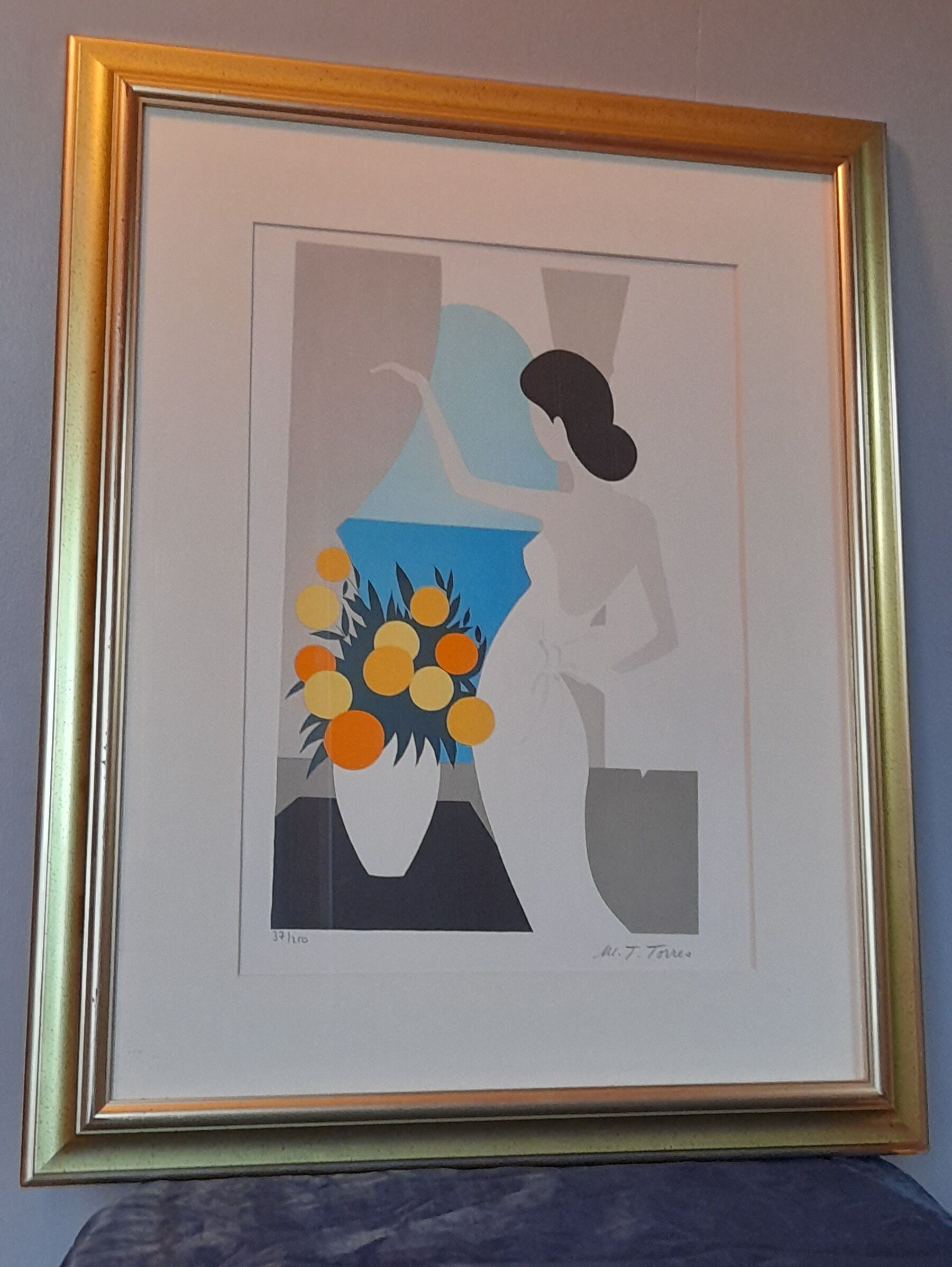 Original framed lithograph "Beautiful woman from the back facing the Mediterranean" by Maria Theresa Torres