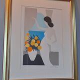 Original framed lithograph "Beautiful woman from the back facing the Mediterranean" by Maria Theresa Torres
