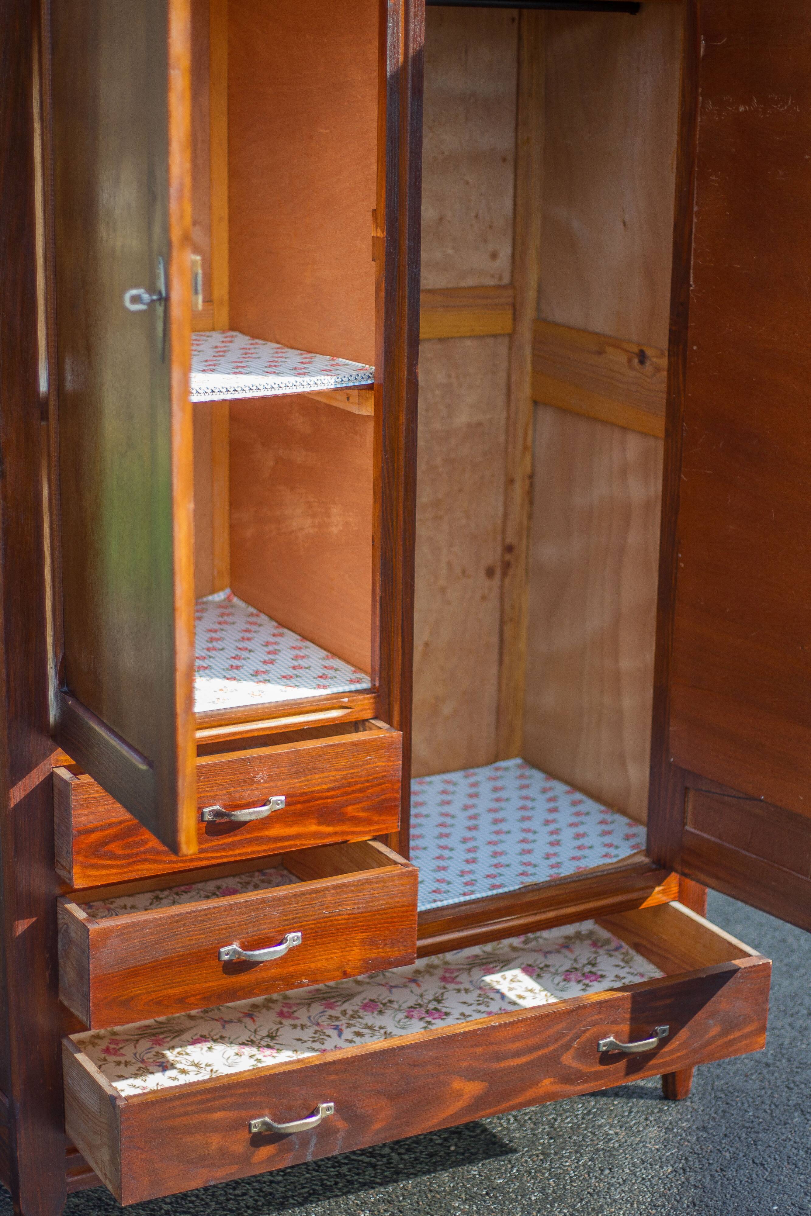 Art deco wooden cabinet with mirror, wooden storage unit, vintage Parisian cabinet