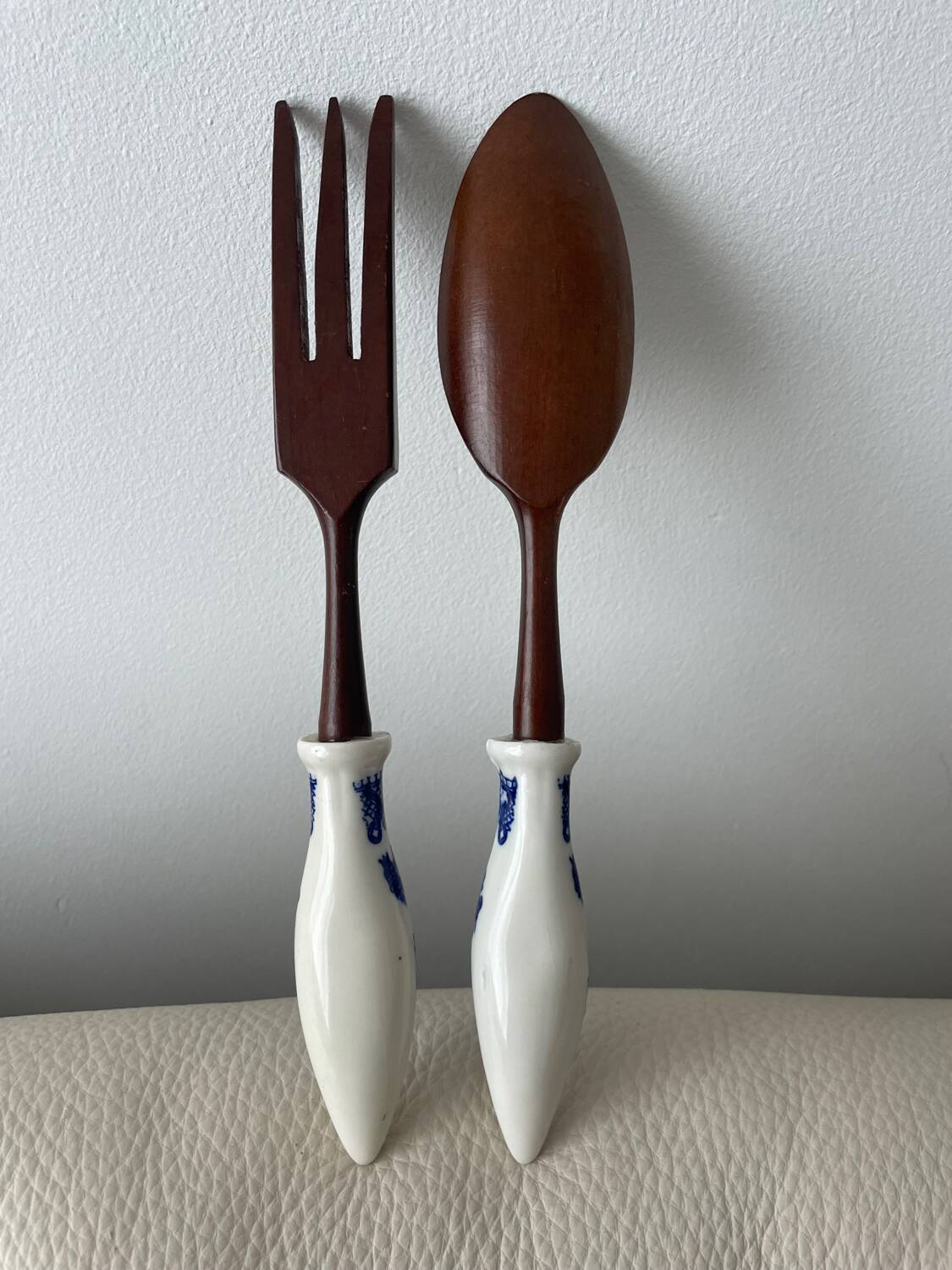 Service à salade vintage en bois et porcelaine Blue Willow