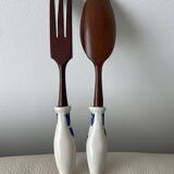 Service à salade vintage en bois et porcelaine Blue Willow