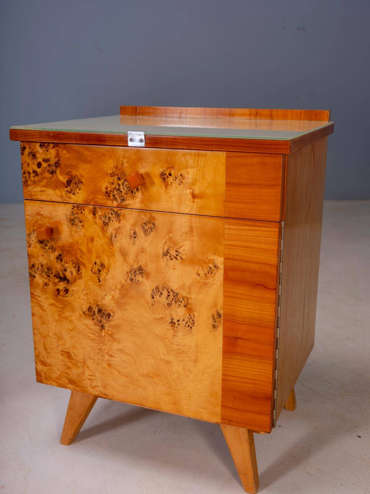 Pair of vintage Czechoslovak bedside cabinets with burl veneer, mid-century modern, 45 × 34 × 45 cm