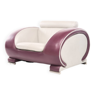 Leather armchair, hotel lounge, purple and gray, vintage