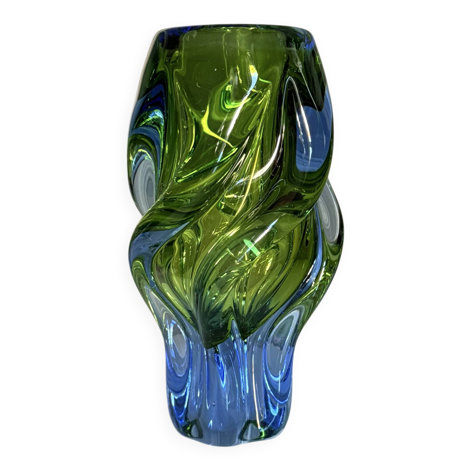 Twisted Sommerso art glass vase, Czech bohemian, 1970s, blue-green.