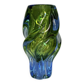 Vintage 1970s Czech Bohemian Sommerso Art Glass Twisted Vase Blue Gree