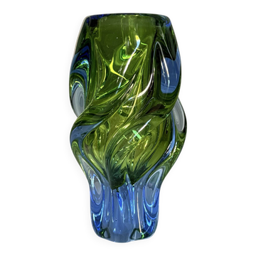 Twisted Sommerso art glass vase, Czech bohemian, 1970s, blue-green.