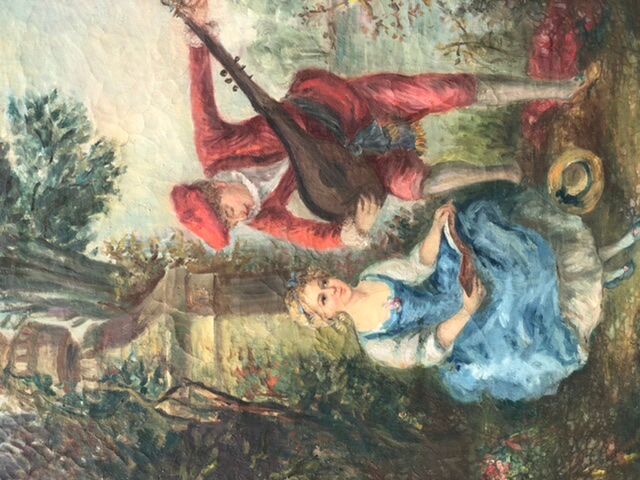 Trumeau mirror painting scene gallant gilded wood