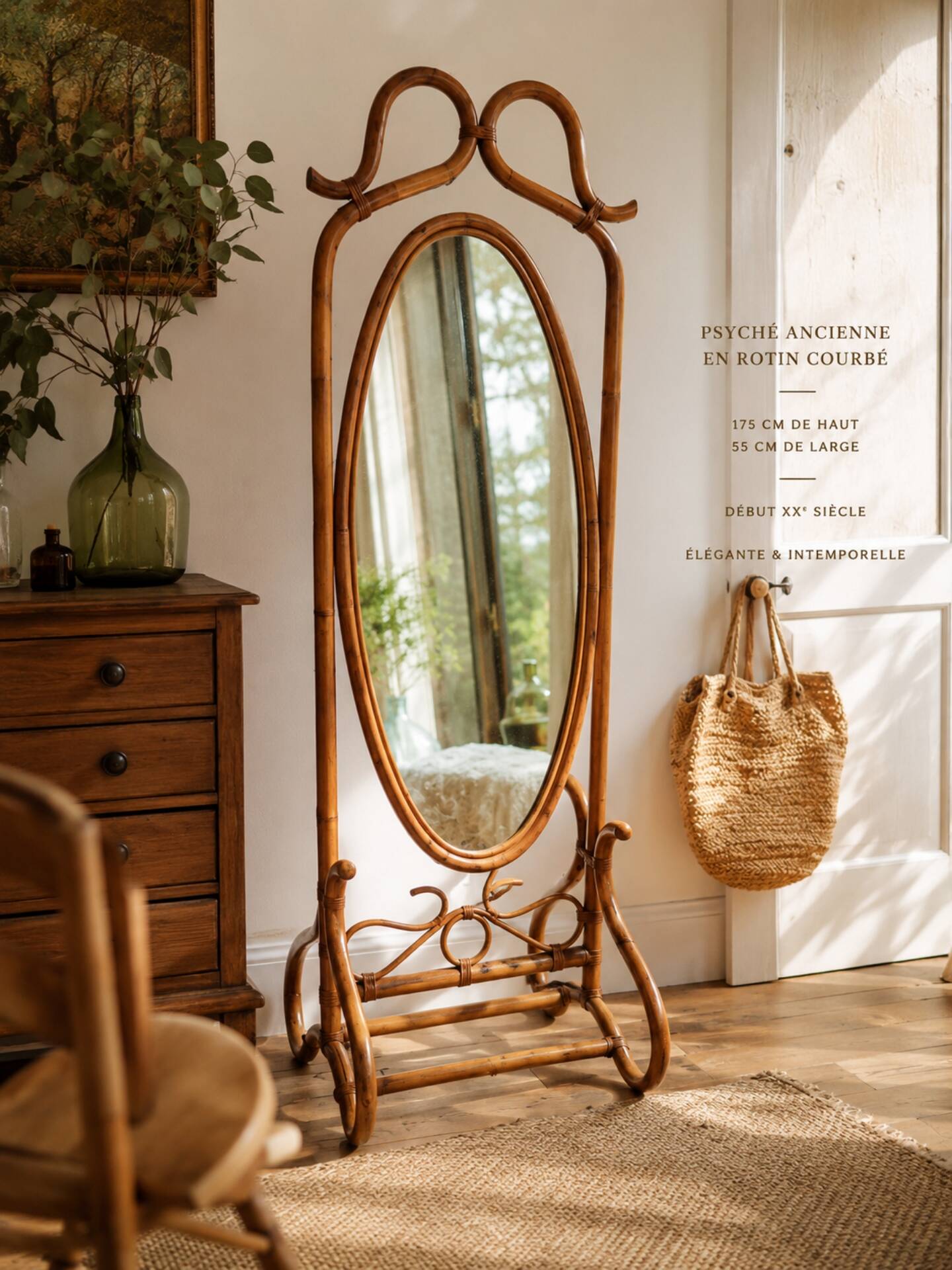 Antique curved rattan mirror – 175 cm – Art Nouveau elegance
