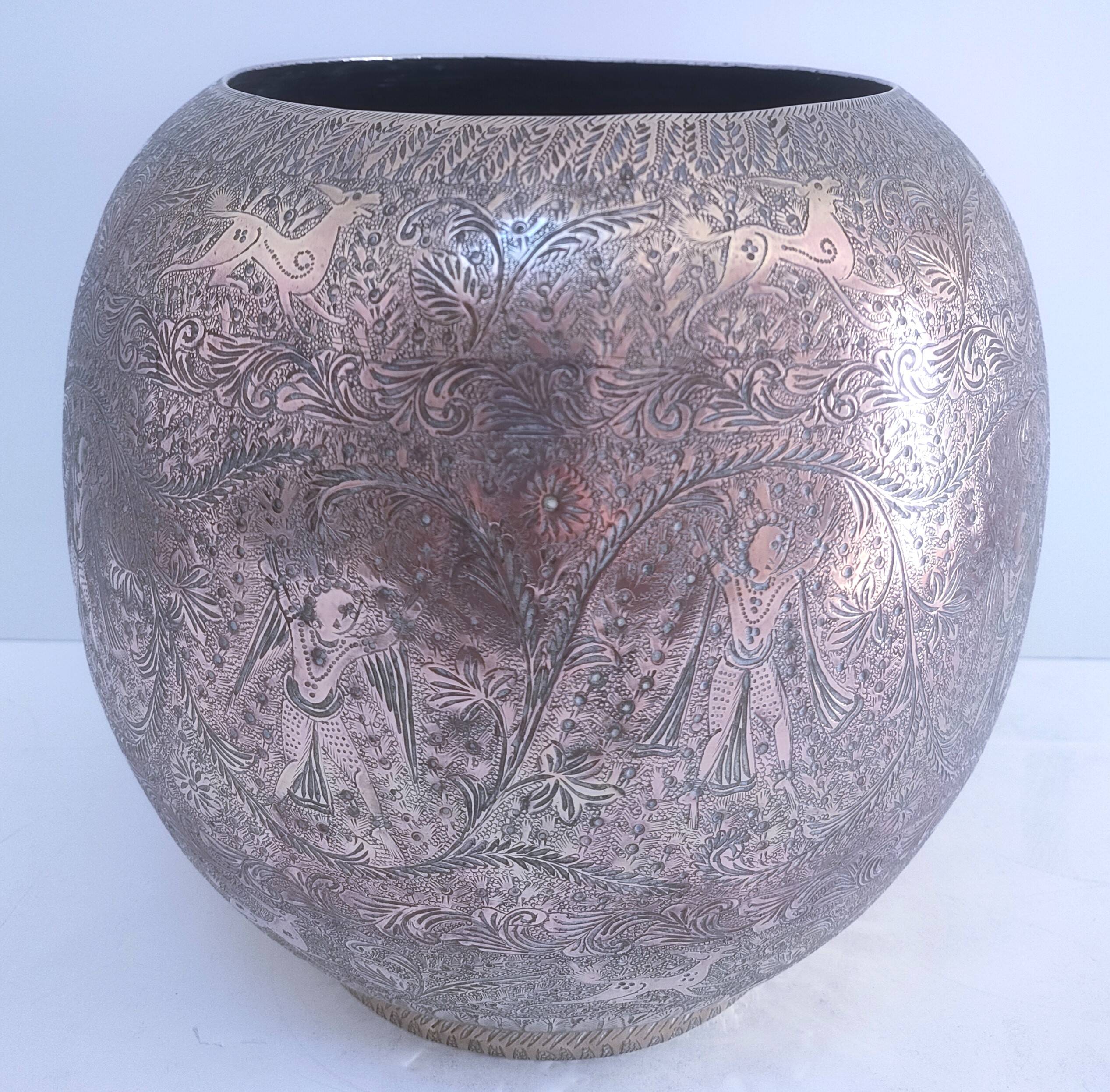 Solid brass pot cover engraved decor animal plant characters