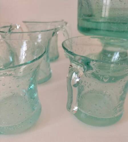 Service en verre soufflé bullé vert d'eau – Coupe sur pied, 5 tasses et louche