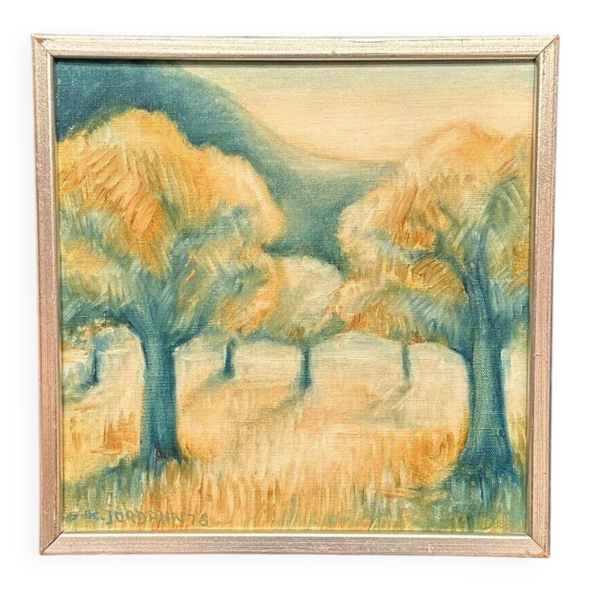 Huile sur toile originale suédoise – “Morgonljus” par Kjell Jordahn (1976) – Encadrée 33 × 32,5 cm (13" × 12,8")