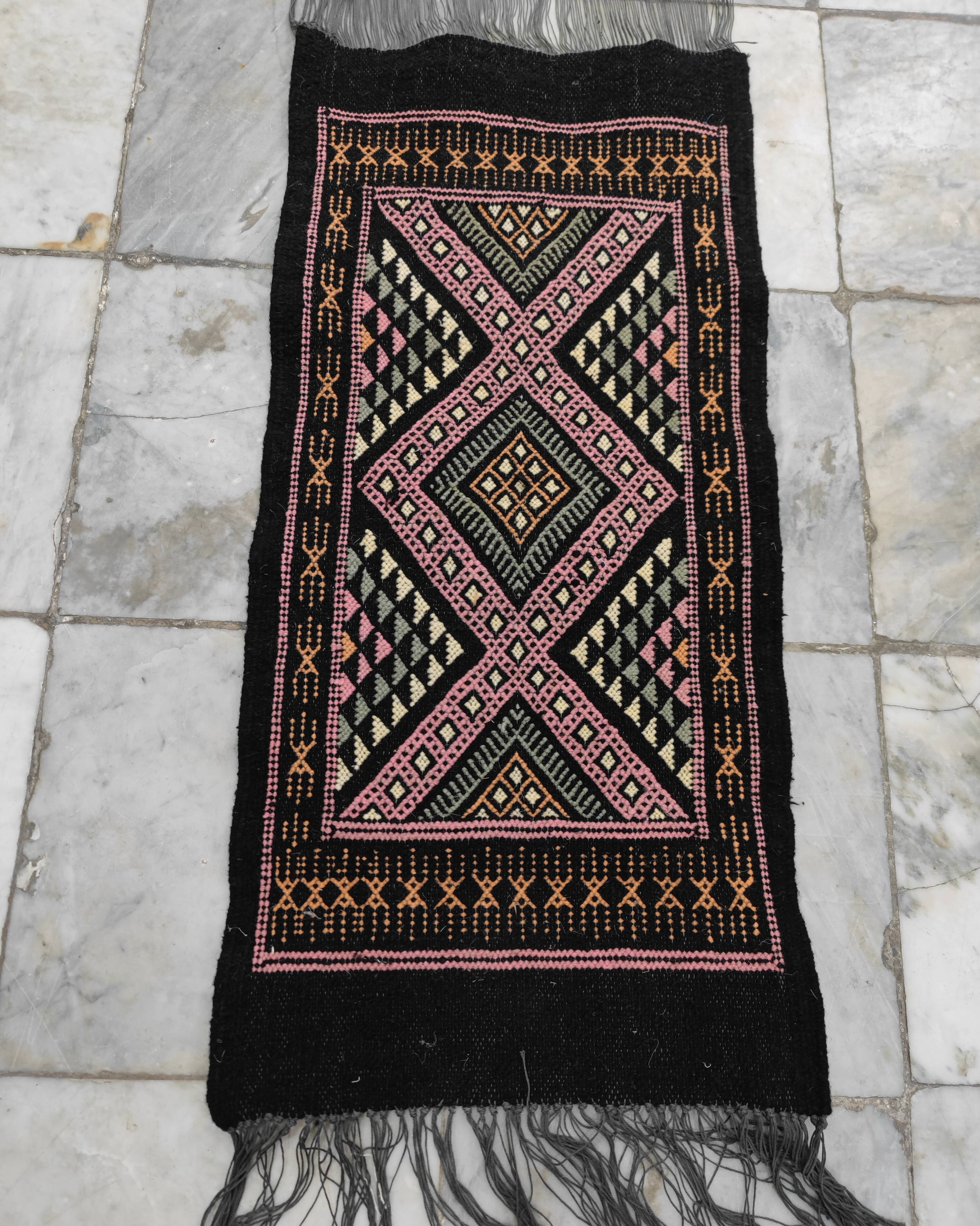 Colorful black margoum rug hand-woven in natural wool