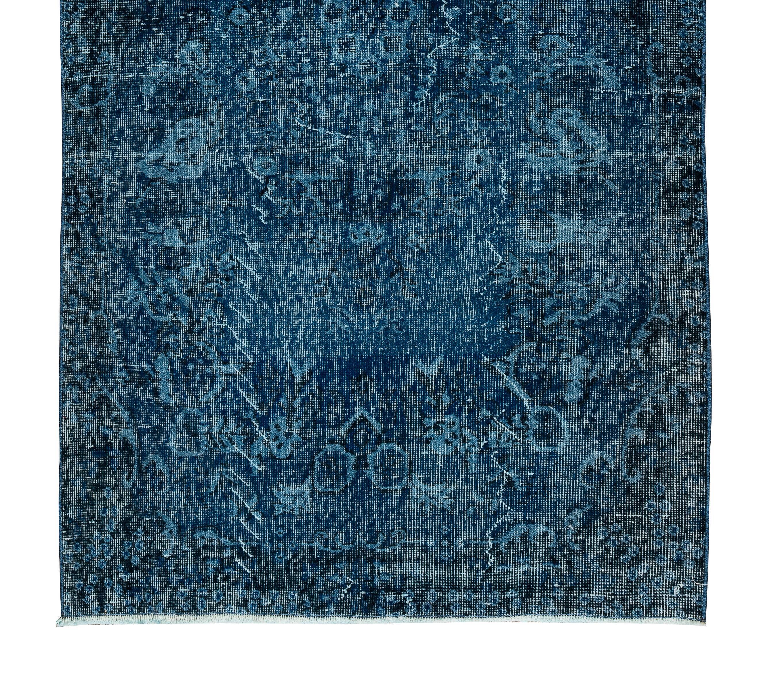 3.7x6.9 Ft Vintage Hand-Knotted Navy Blue Over-Dyed Rug from Turkey, Woolen Floor Covering. NTEK0797