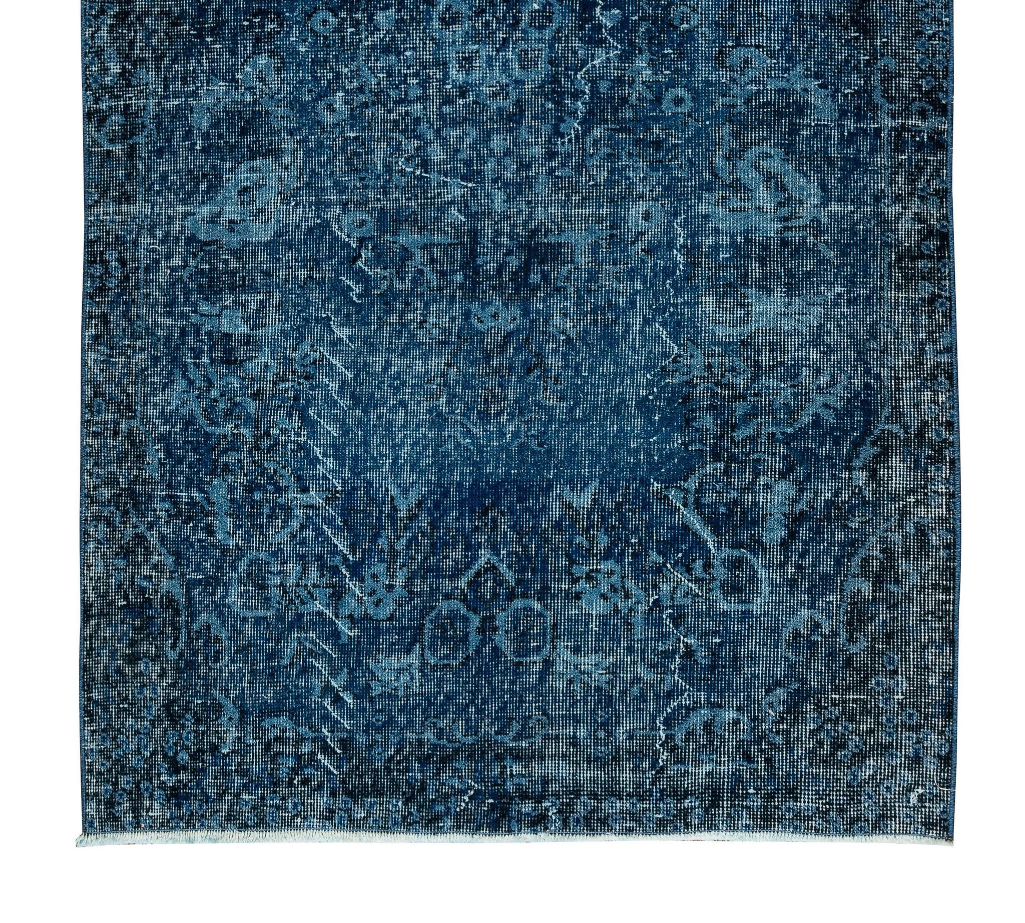 3.7x6.9 Ft Vintage Hand-Knotted Navy Blue Over-Dyed Rug from Turkey, Woolen Floor Covering. NTEK0797