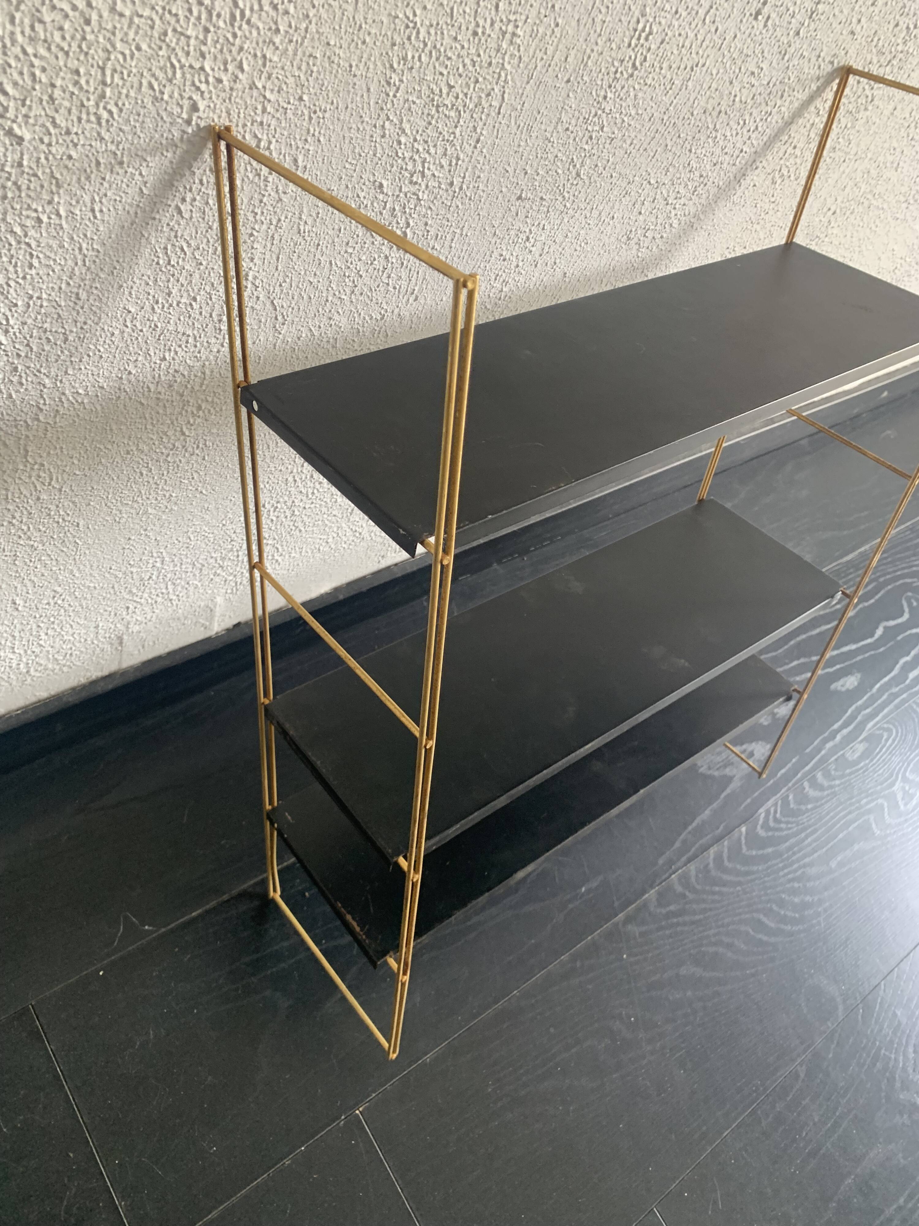 Vintage 1960 String wall shelf black and gold - 60 x 48 cm