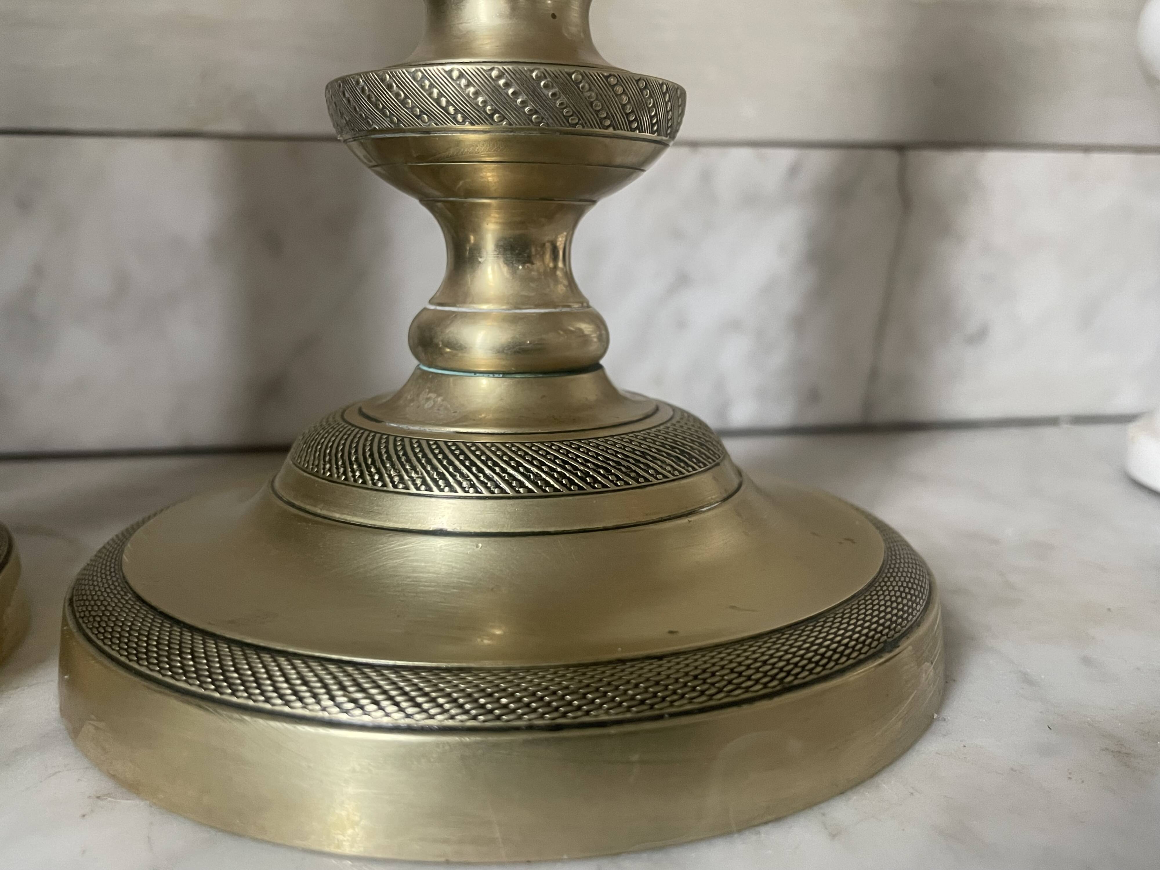 Pair of 19th century guilloche brass candlesticks