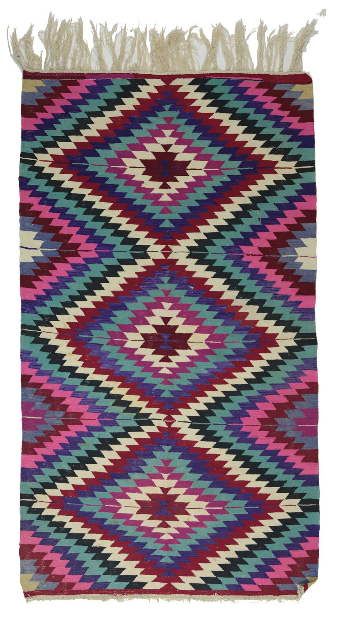 Turkish Kilim Yuruk Vintage 136x245 cm Geometric Pink Green Purple