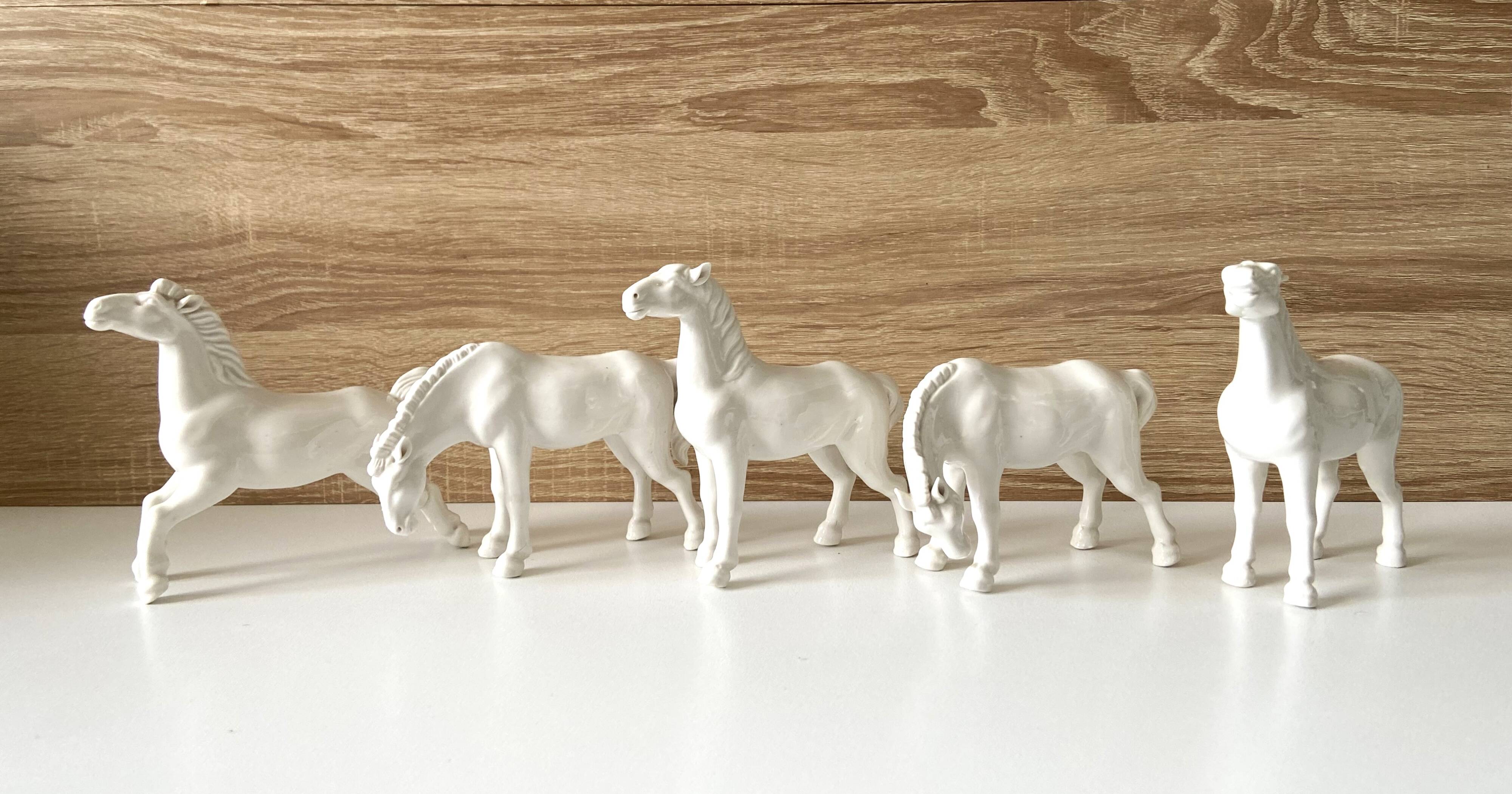 5 White Porcelain Glazed Horses of Happiness Figurines Statuettes