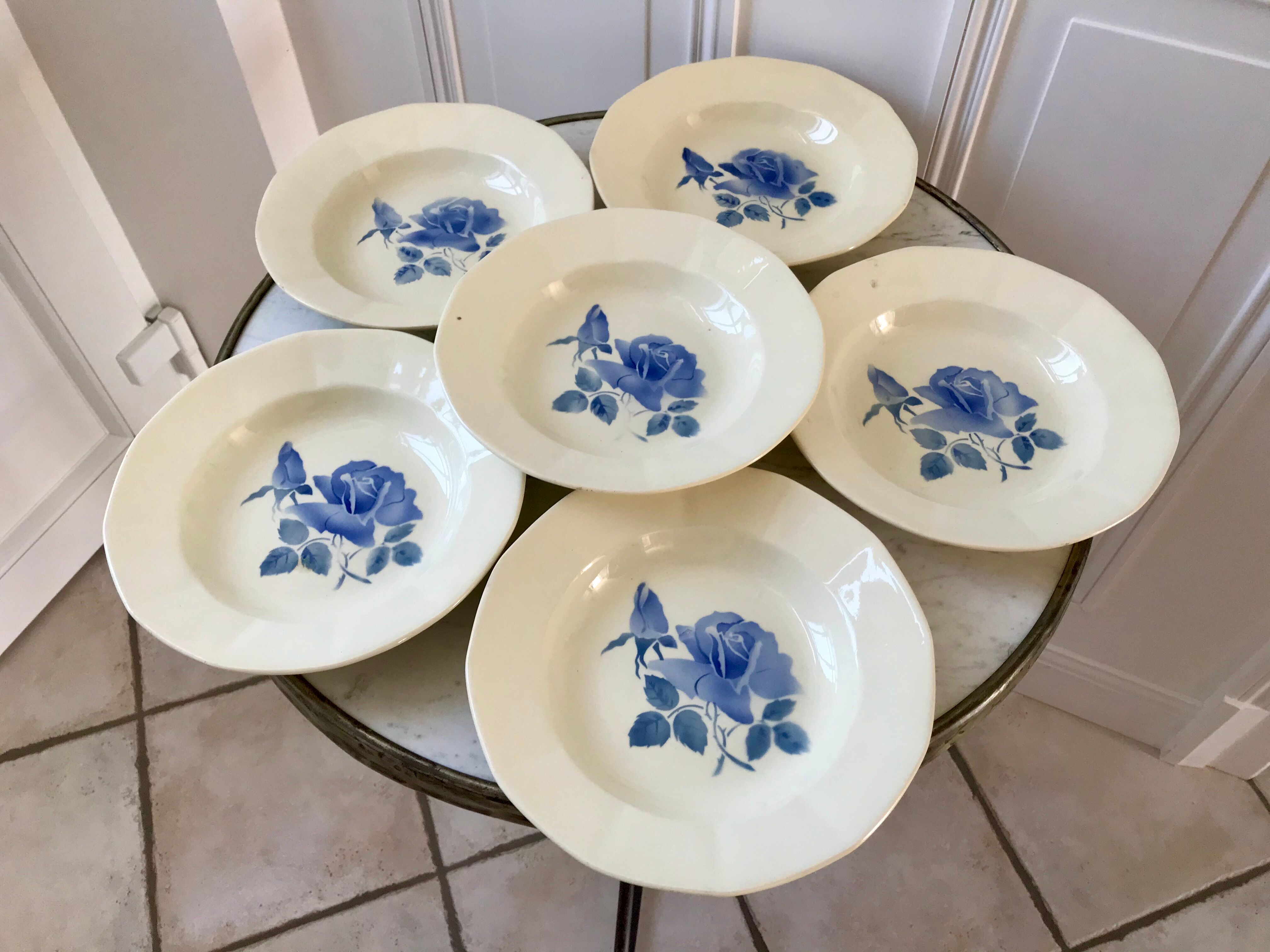6 hollow plates Digoin Sarreguemines blue flowers 30s