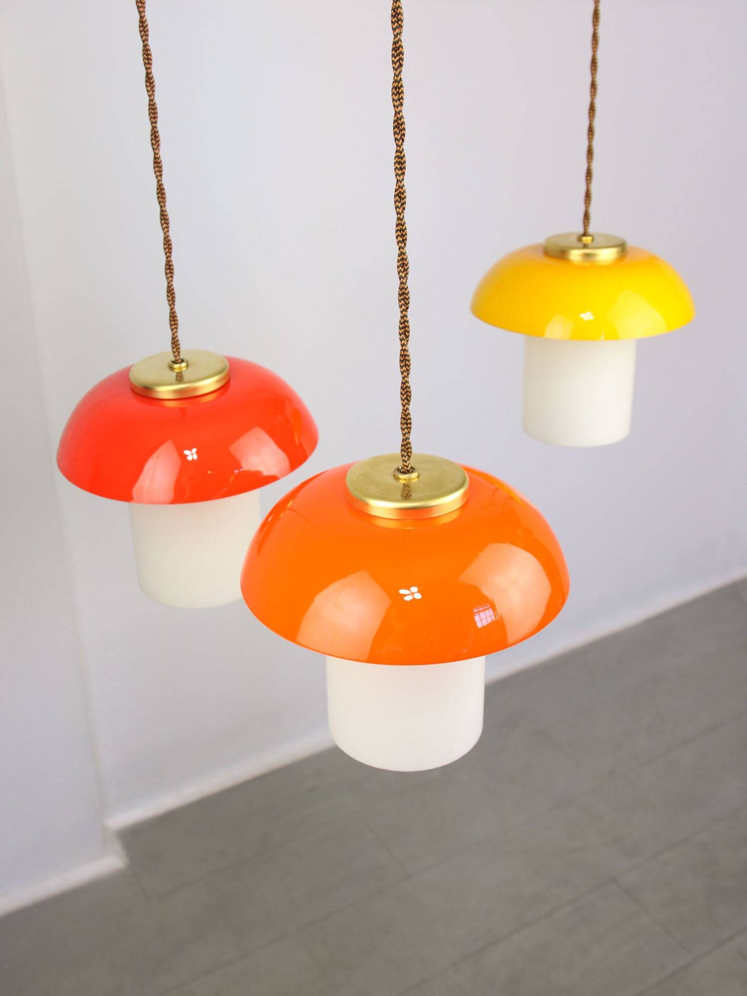 Mid-Century Glass and Brass Mushroom Pendant Lamps, Set of 3