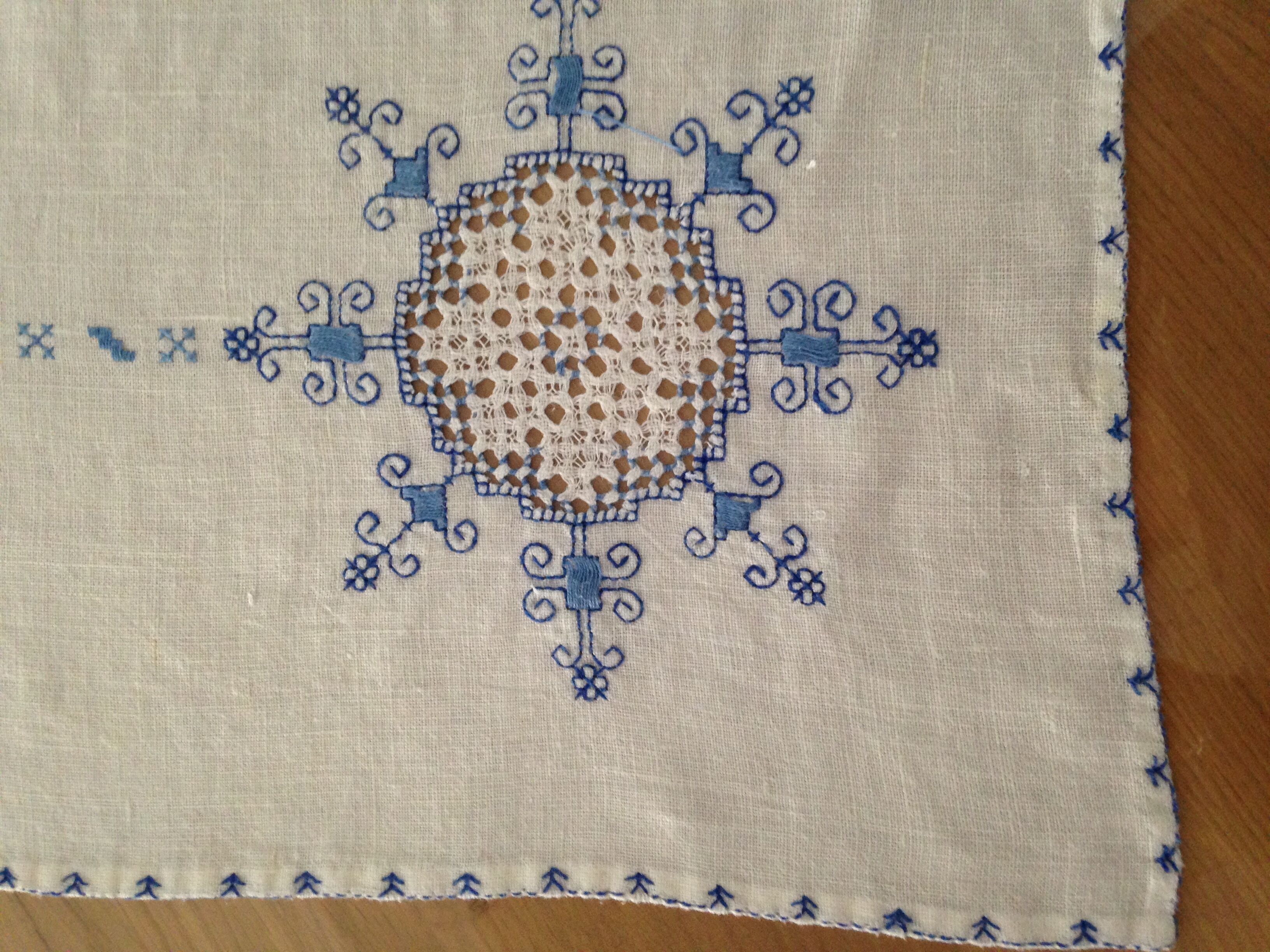Old blue embroidered tablecloth