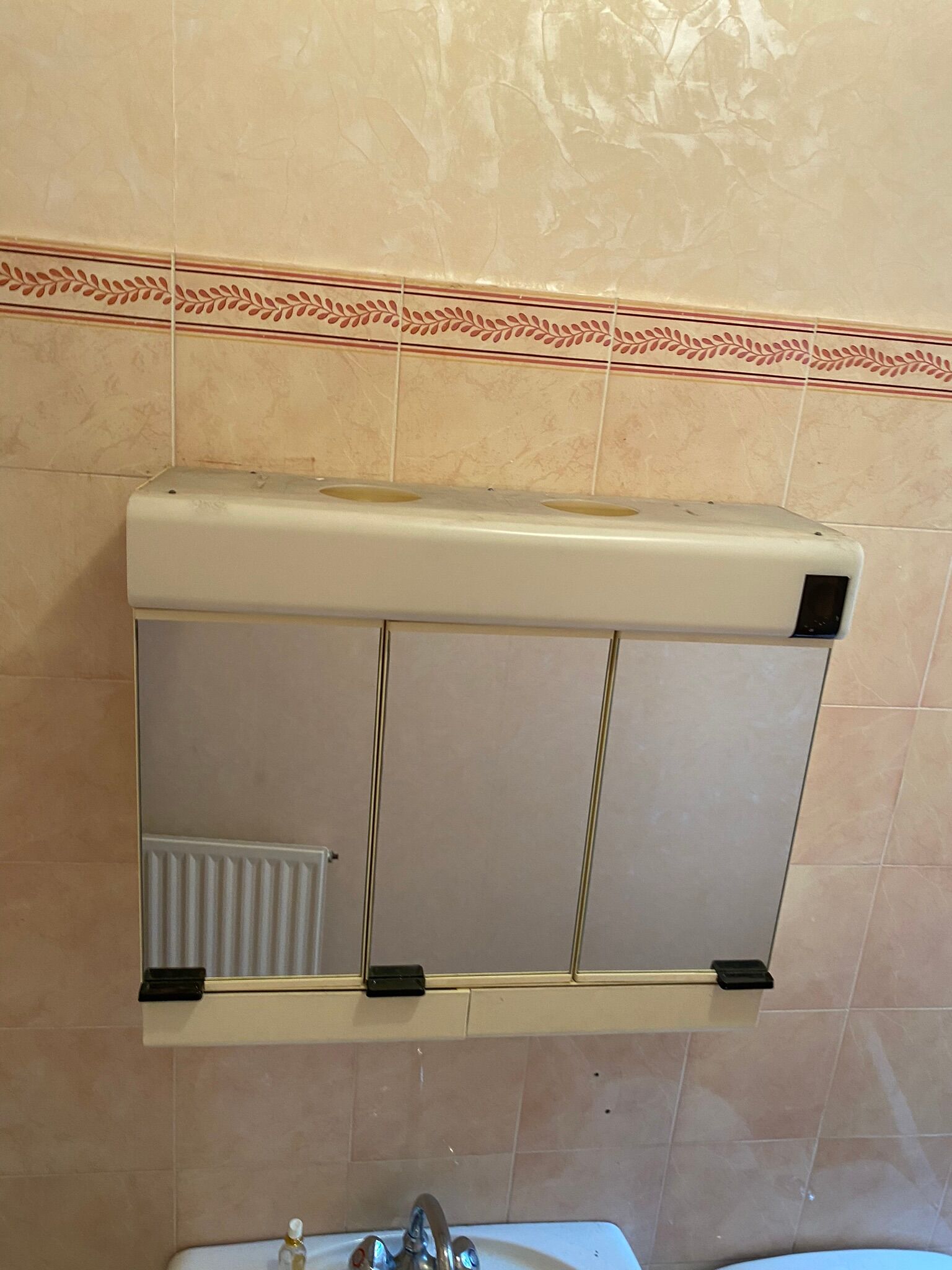 Allibert vintage toilet cabinet three mirror doors, two drawers, lamp