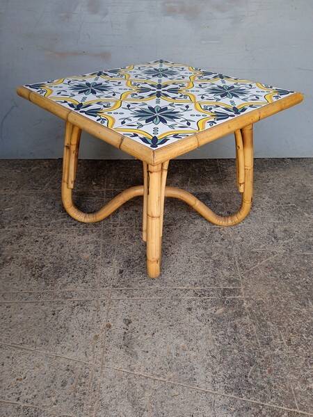Vintage rattan and ceramic coffee table ep 1970