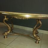 Marble table solid brass foot koi fish hollywood style regency