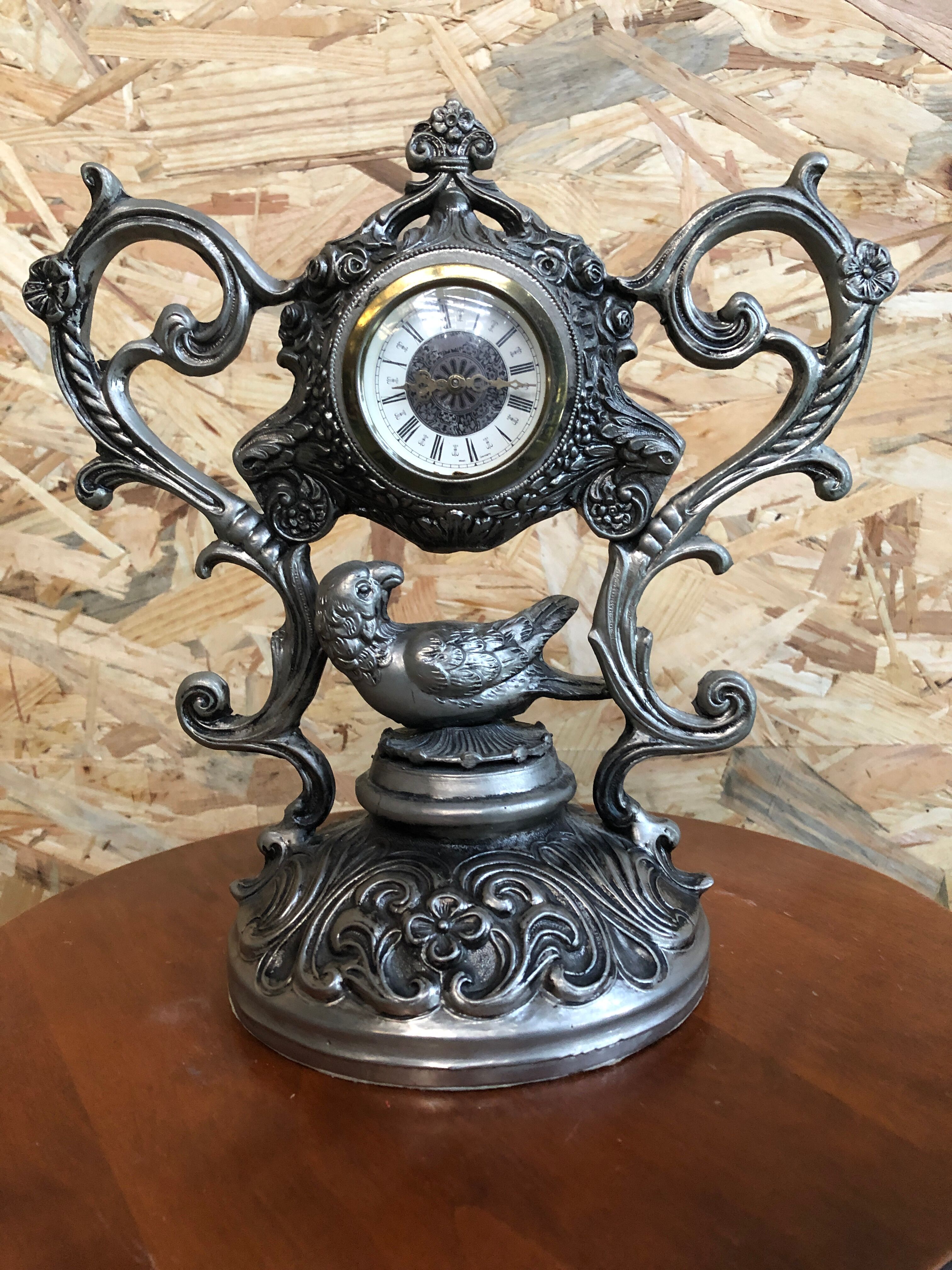 Old clock table clock baroque style metal gray made in italy vintage