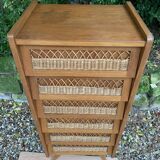 Chiffonnier vintage en rotin et pieds compas 1950