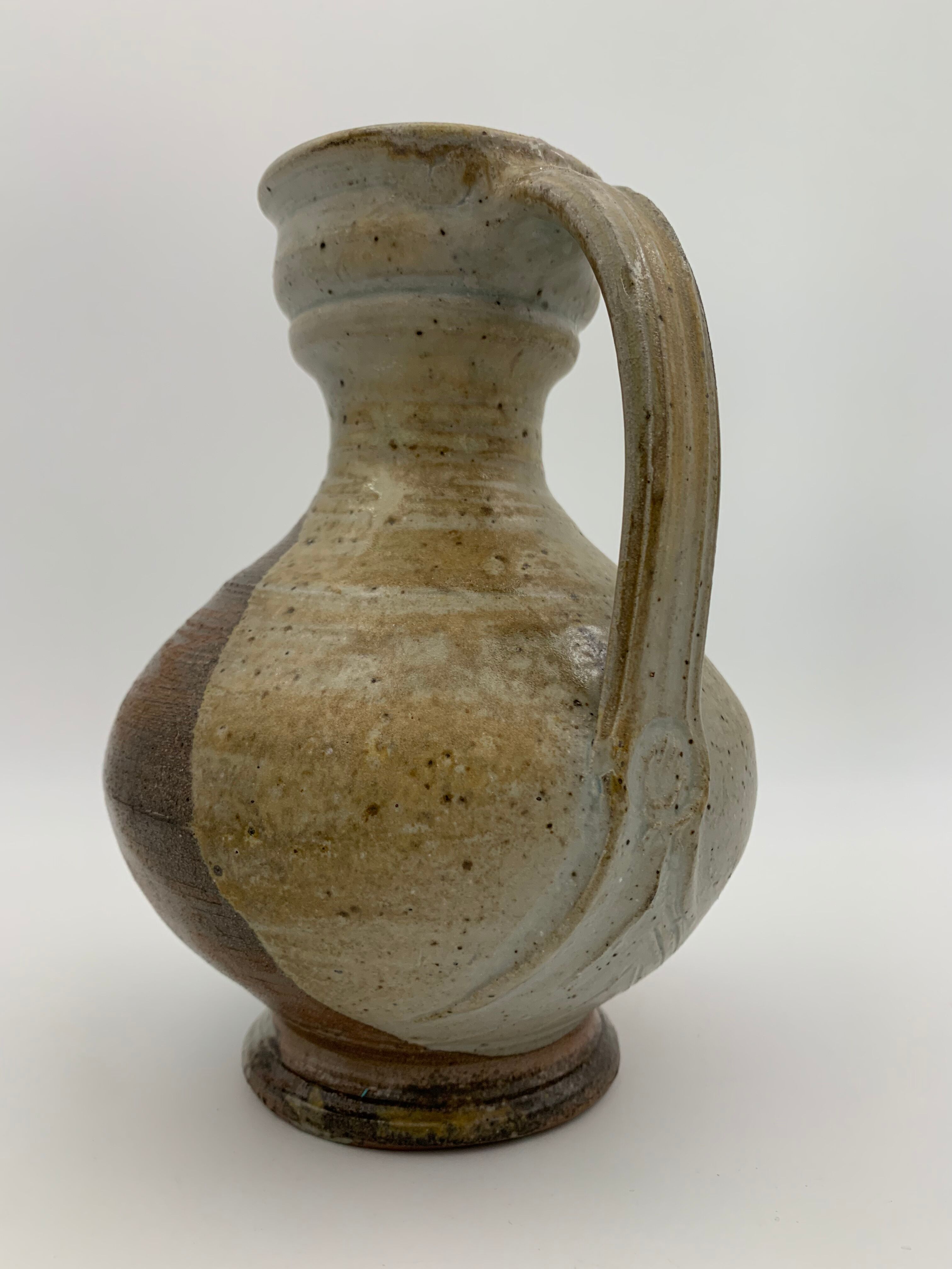 Vintage stoneware pitcher with iridescent two-tone glaze - 1960s-1970s