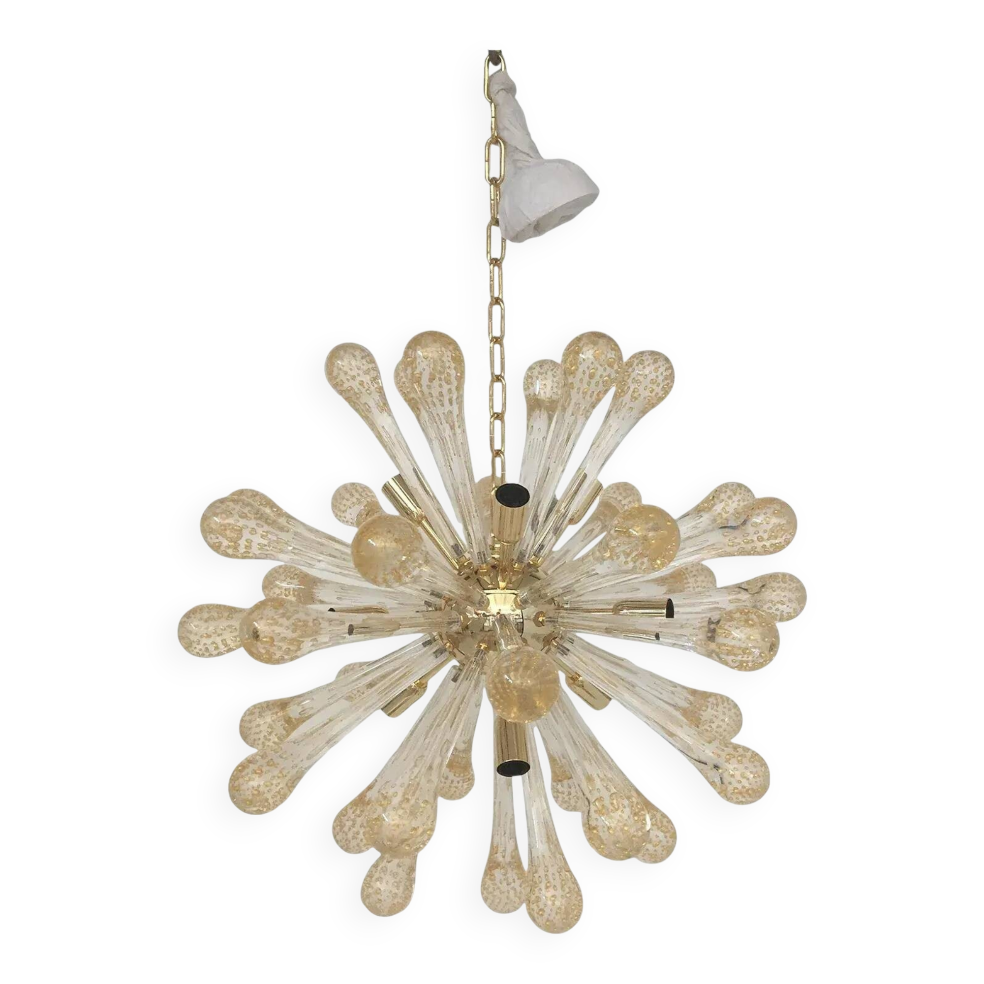 Sputnik Chandelier in Murano Glass with Gold Air Drops and Metal Frame