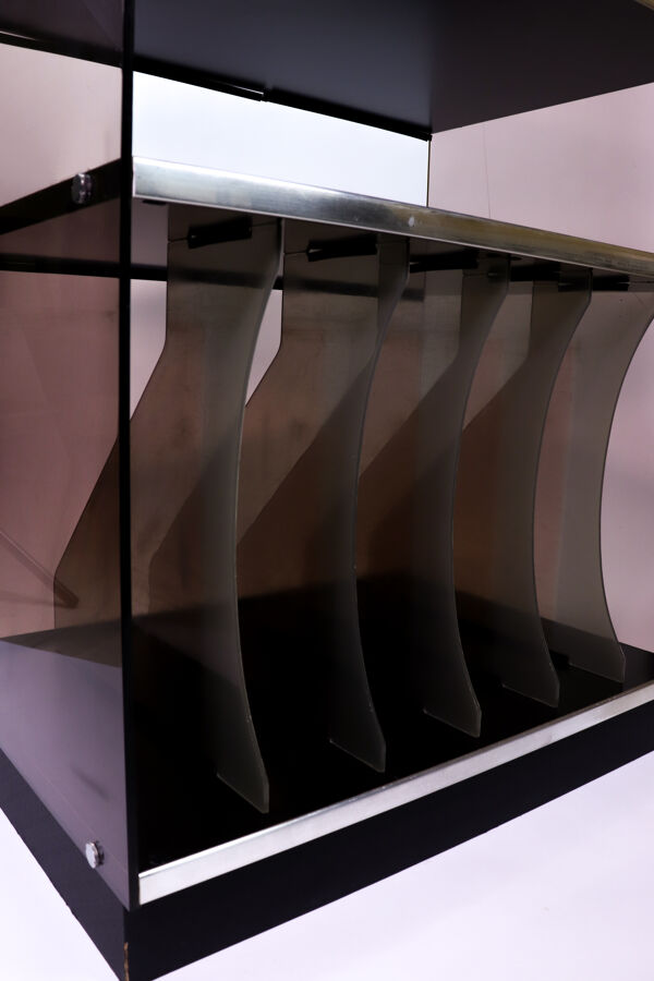 Meuble Hifi, range vinyles en plexiglas fumé par Eric Maville, années 70