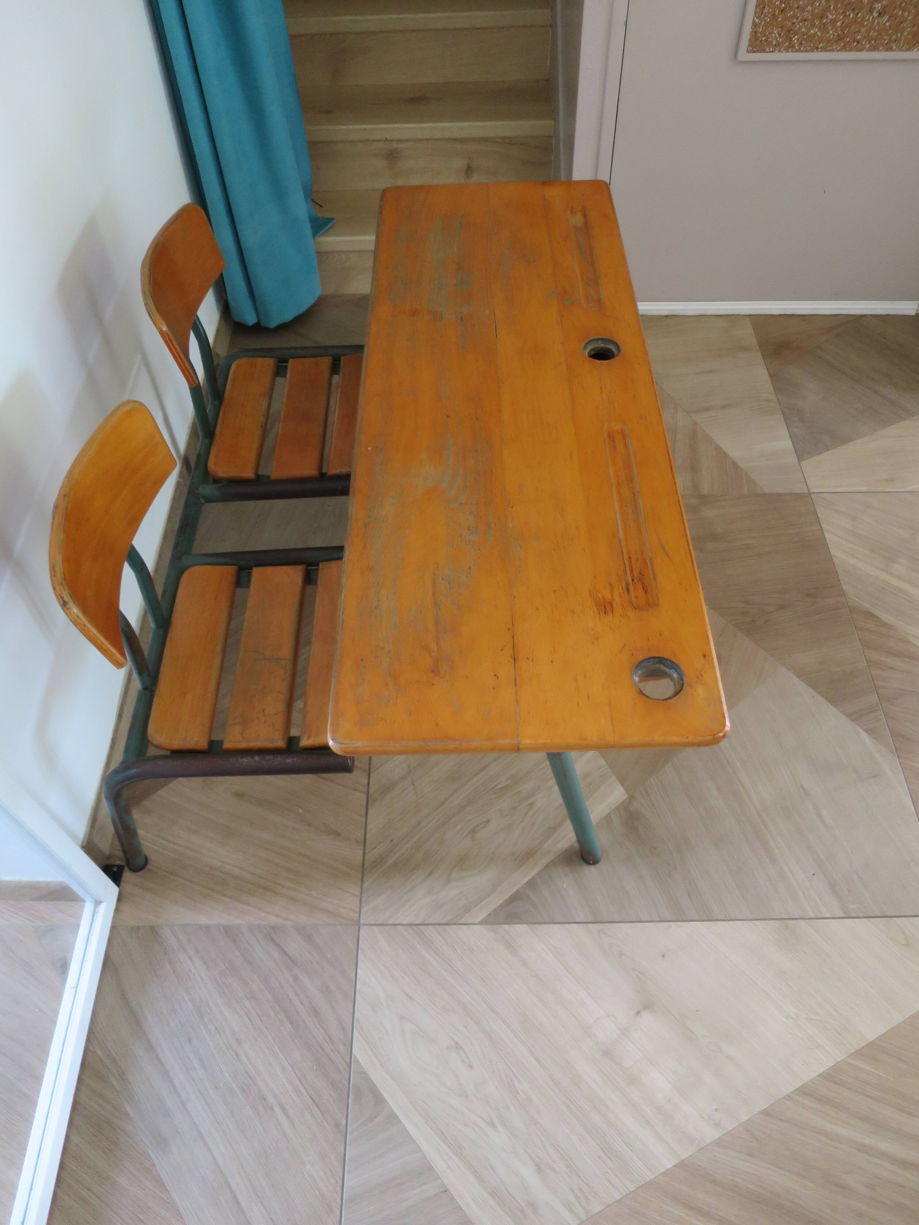 Bureau d’écolier vintage en bois et métal - Bureau double