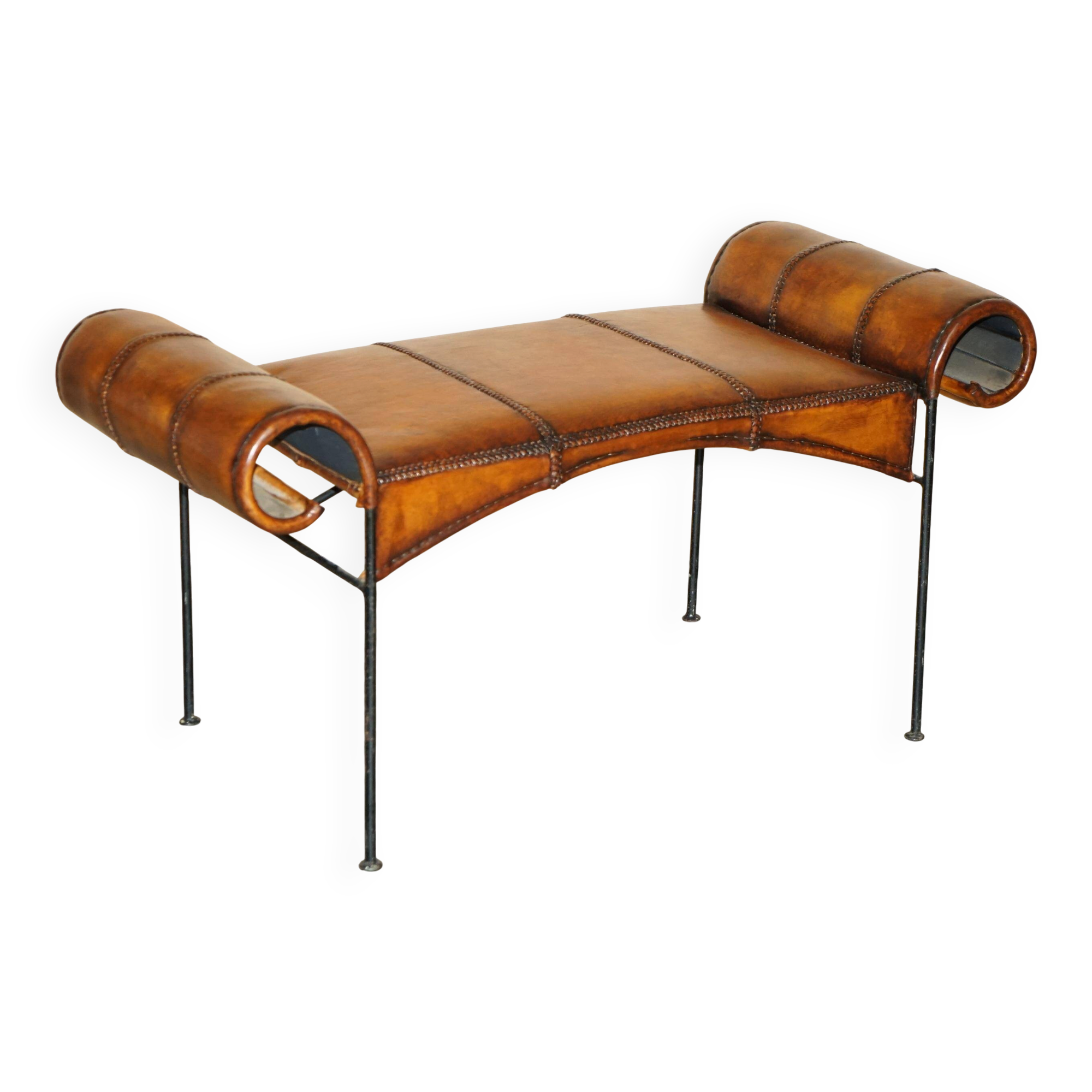 Vintage Spanish window bench in hand-stitched leather and restored iron.