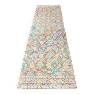 Tapis coureur kilim turc en tons pastel 3x9, 81x286 cm