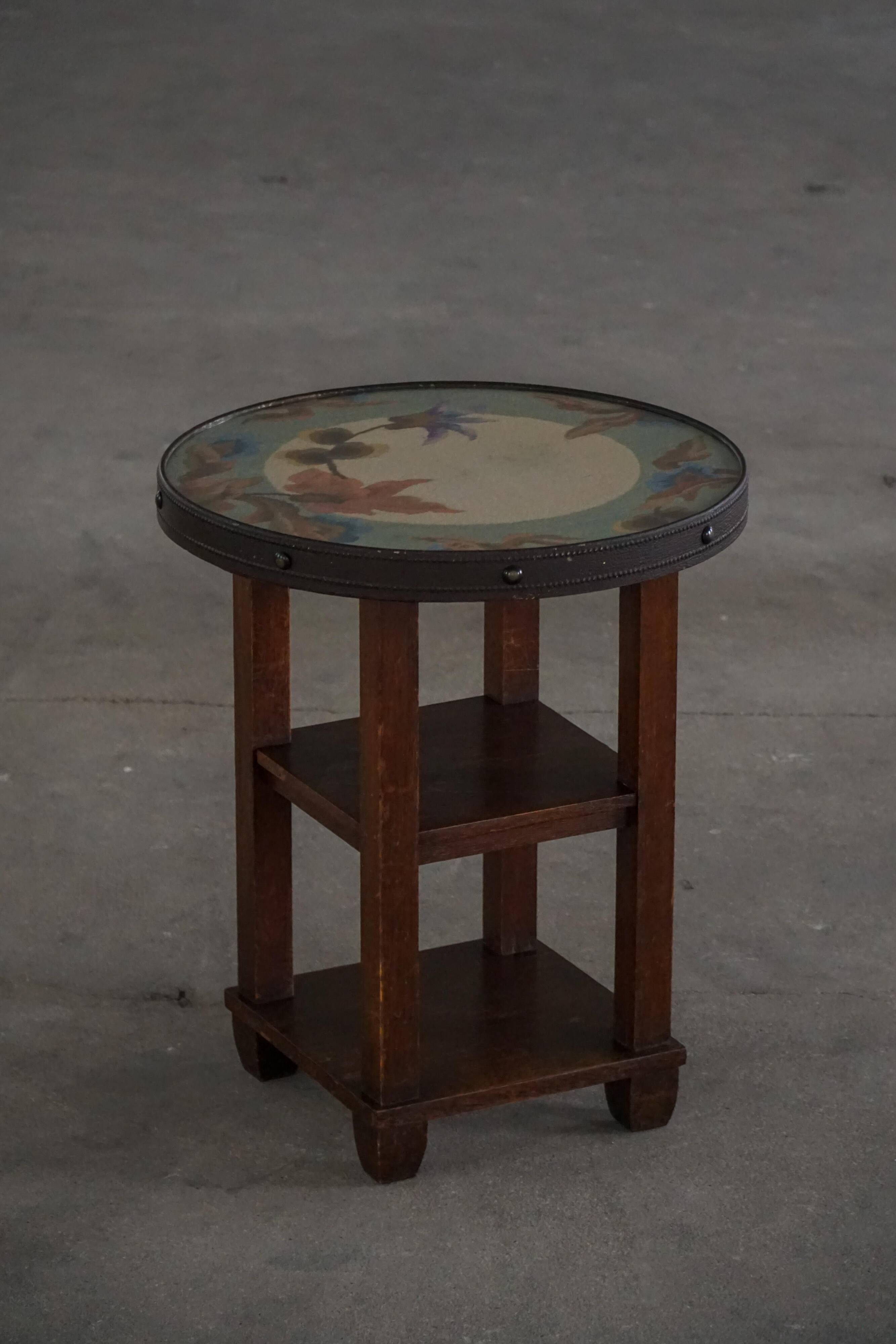 Art Nouveau, round side table with floral glass top, Danish cabinetmaker, 1920s