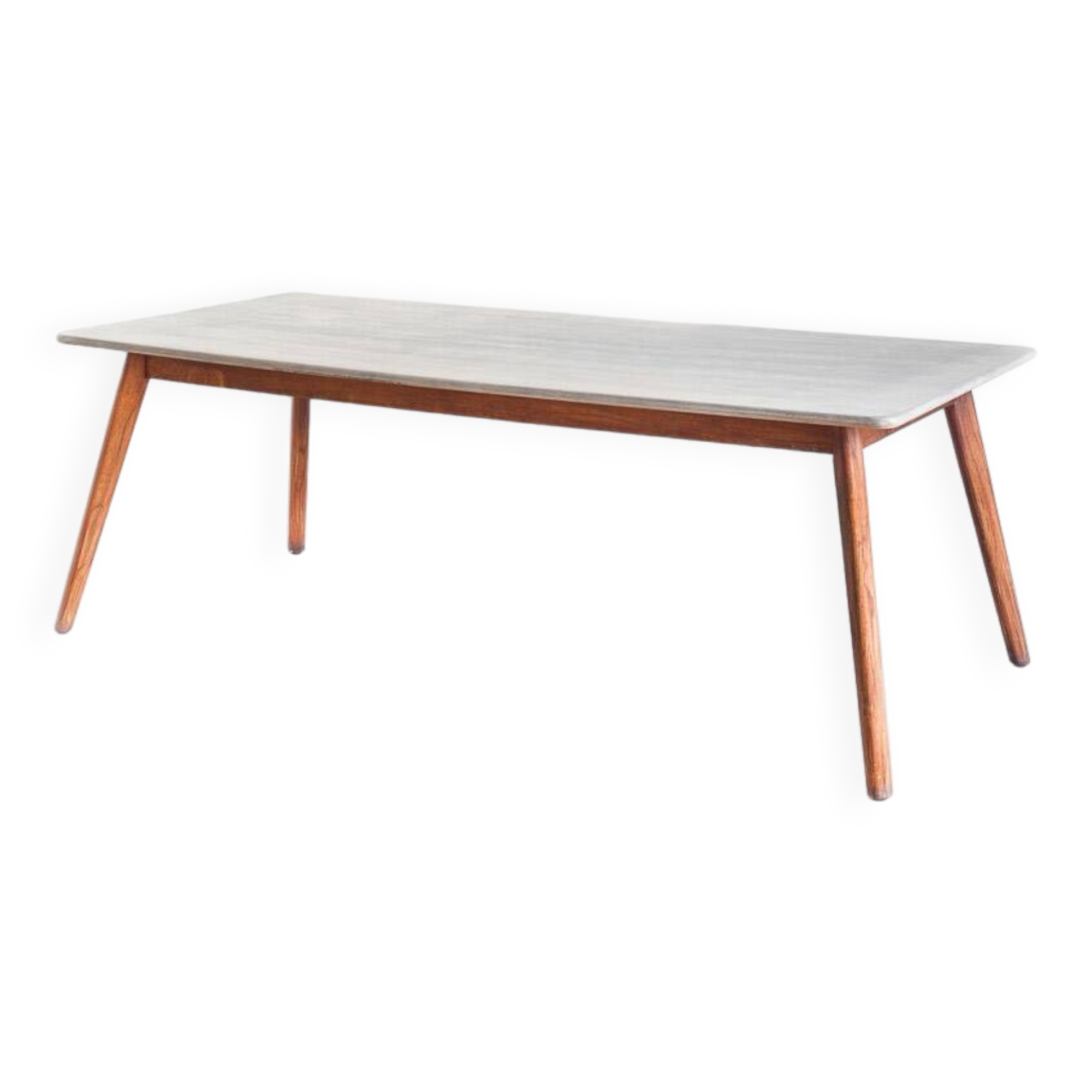Scandinavian style dining table. Polished and varnished wood and concrete. For indoor or outdoor use.