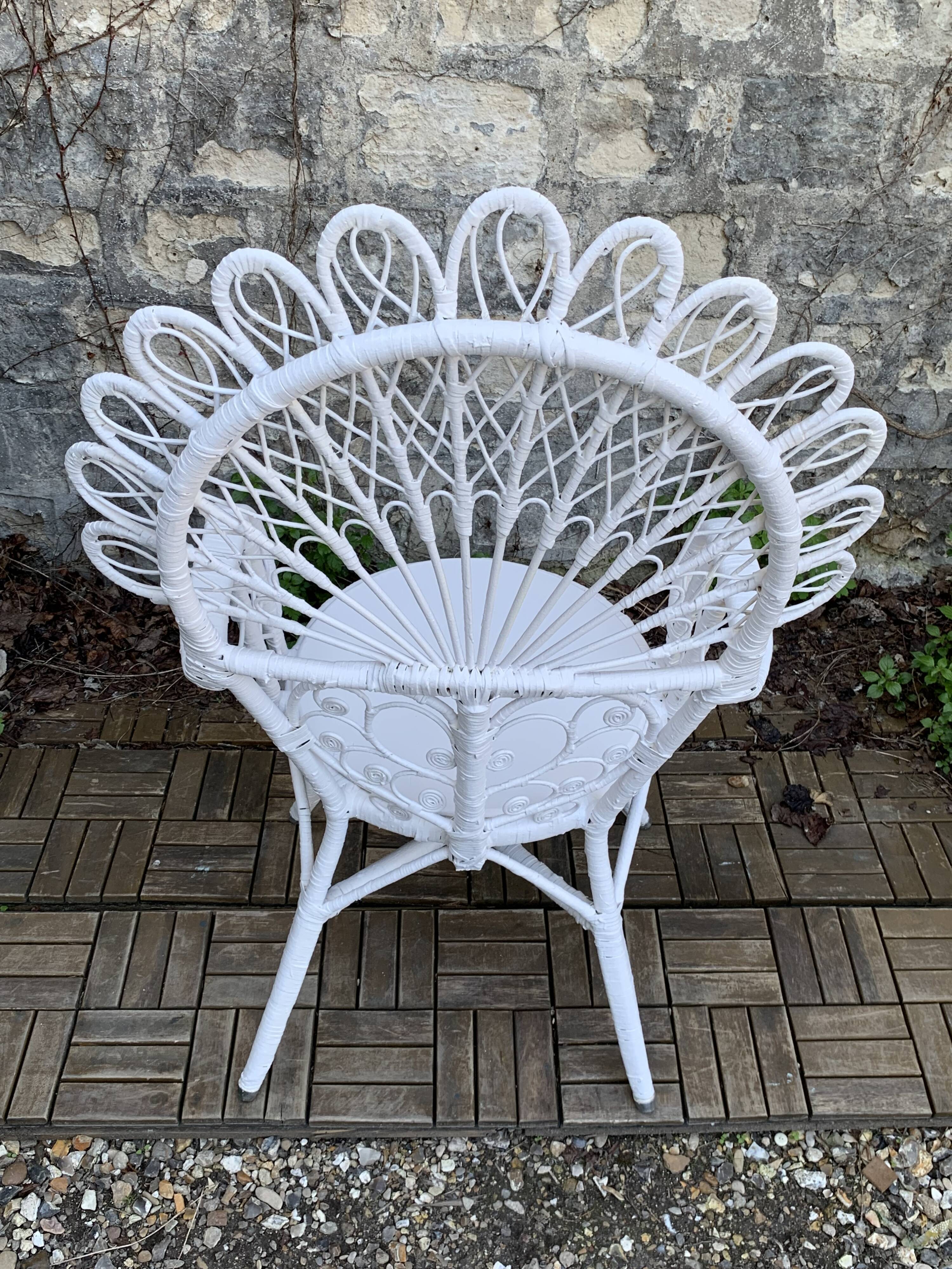 Emmanuelle Peacock white rattan armchair 1970