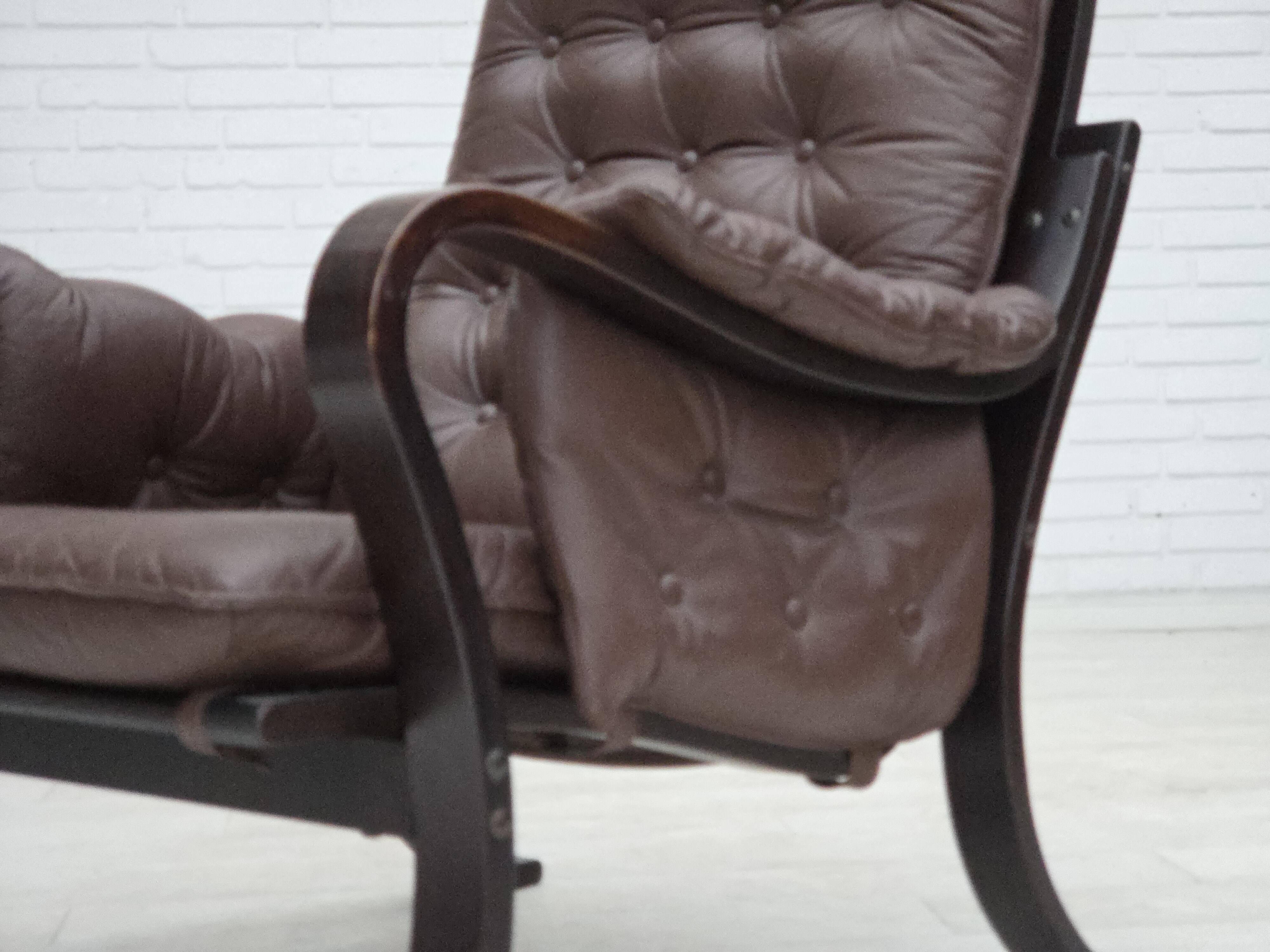 1970s, Scandinavian vintage design, armchair, brown leather, bent wood.