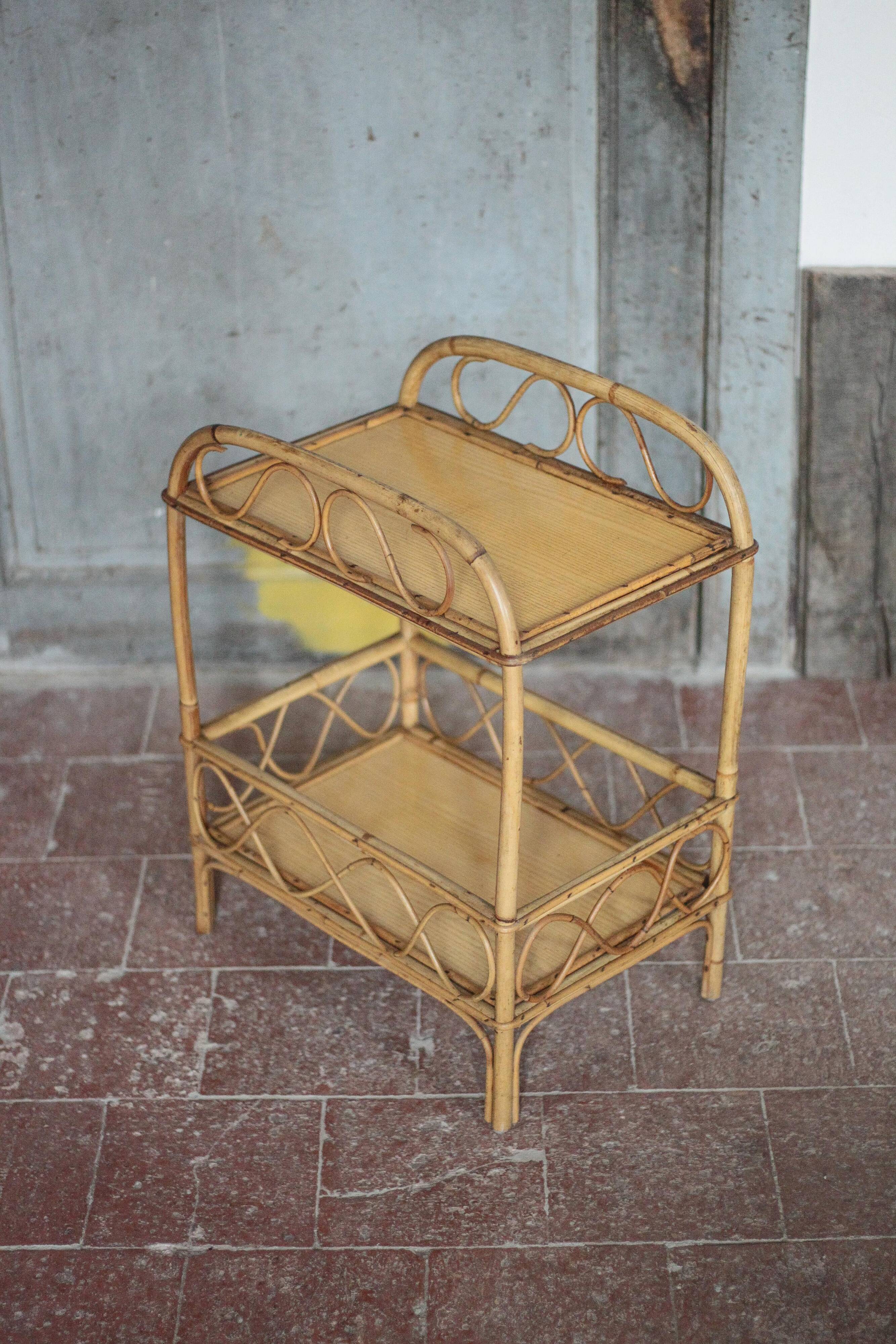 Vintage rattan serving table, two-tier side table.