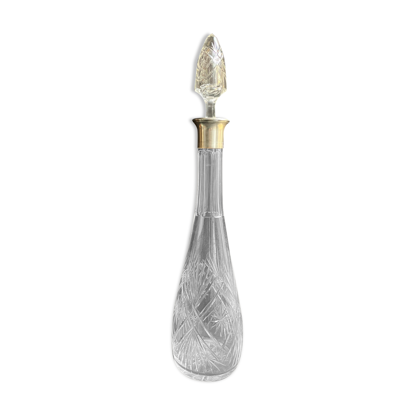 Blown crystal decanter, cut and silver collar