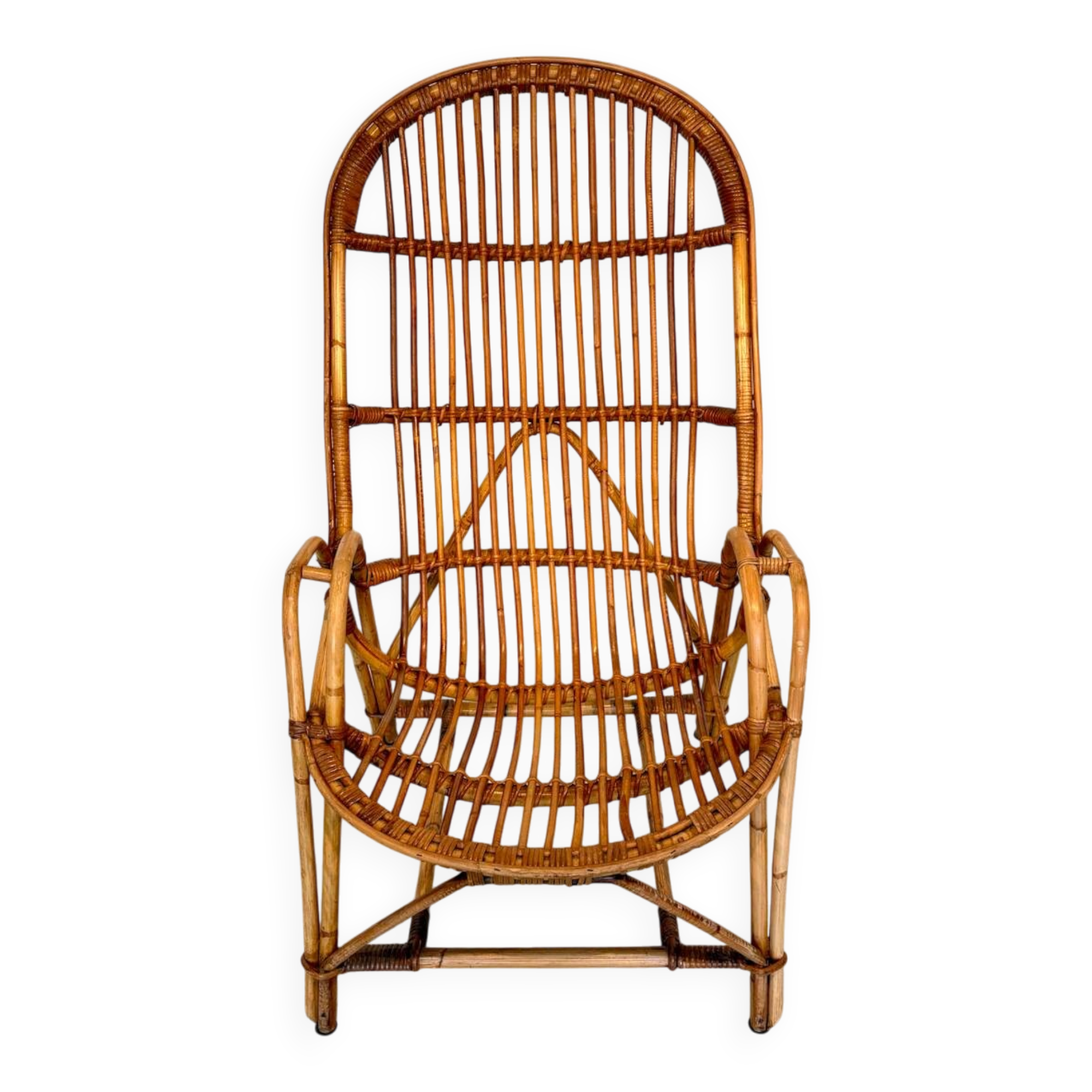 Grand fauteuil vintage en rotin années 70 – dossier haut