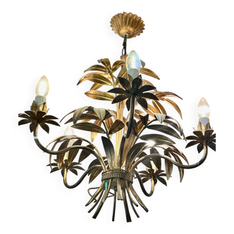 Lustre floral Hans Kögl/vintage/1970/métal doré/décor feuille/5 feux/