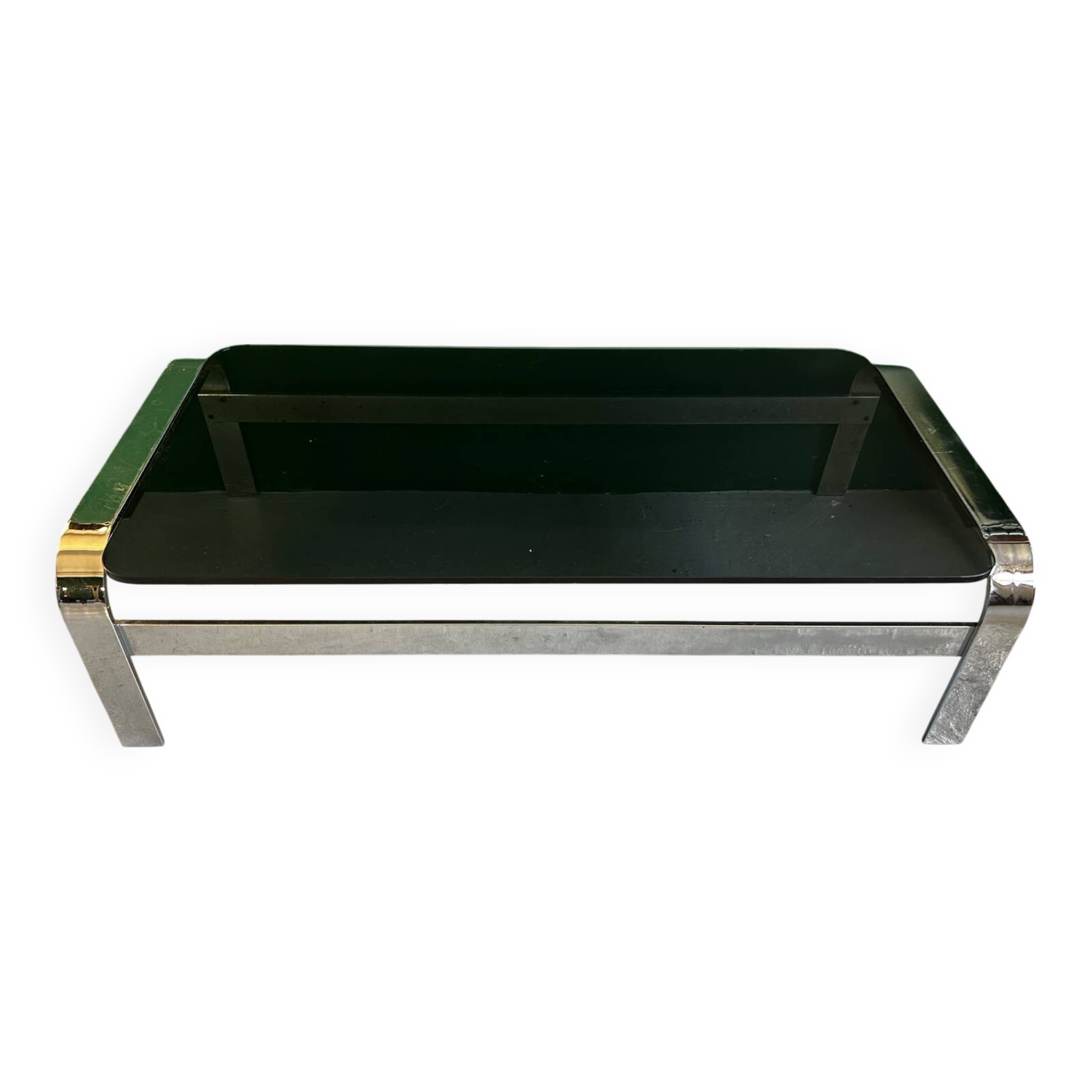 Coffee table in chromed metal and smoked glass