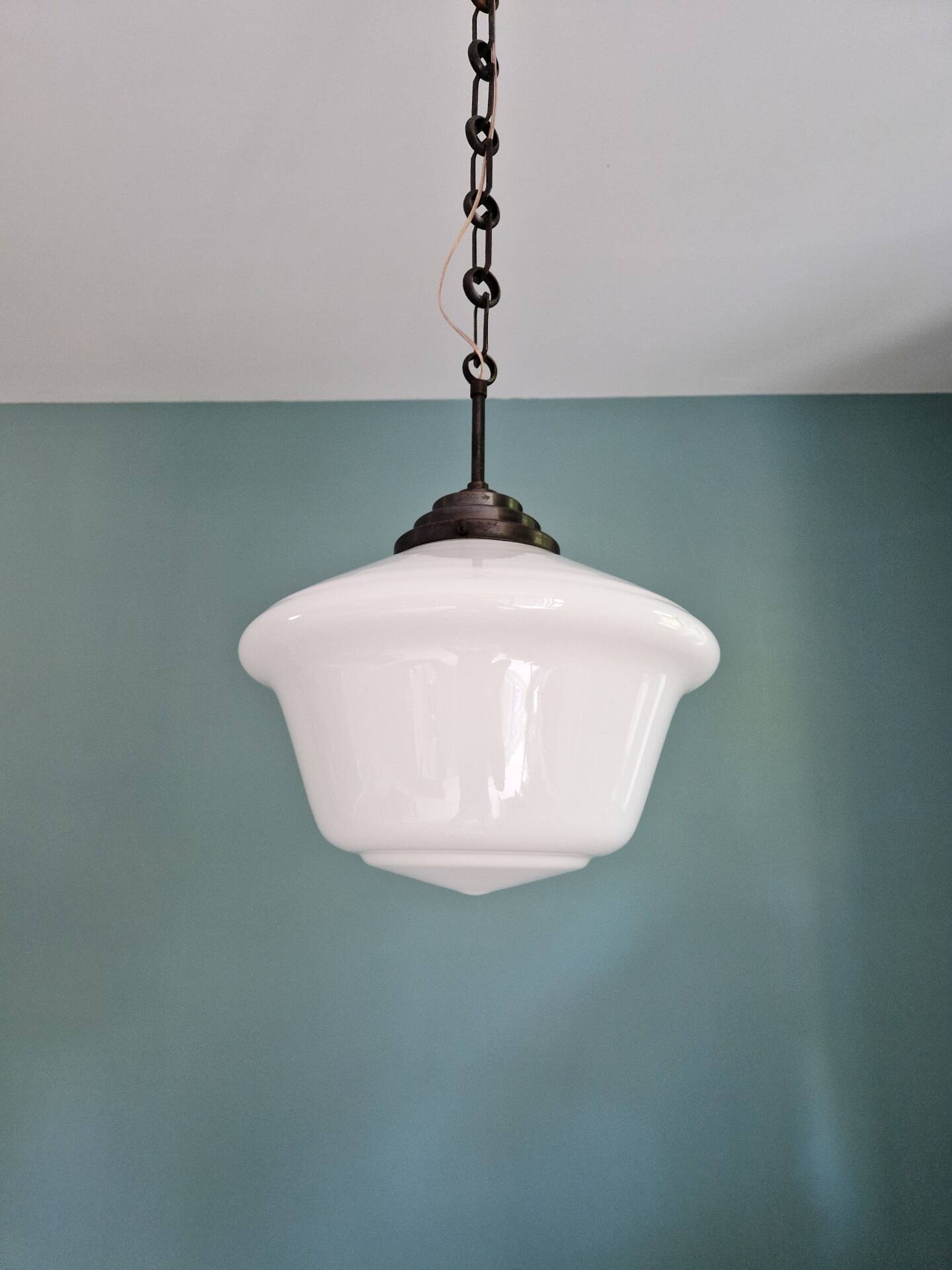 Large Art Deco pendant light in white opaline, 1930.