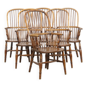 Ensemble de 6 chaises Windsor anglaises anciennes du XIXe siècle en orme