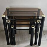 Set of 3 vintage nesting tables in smoked glass and black metal – 1970s
