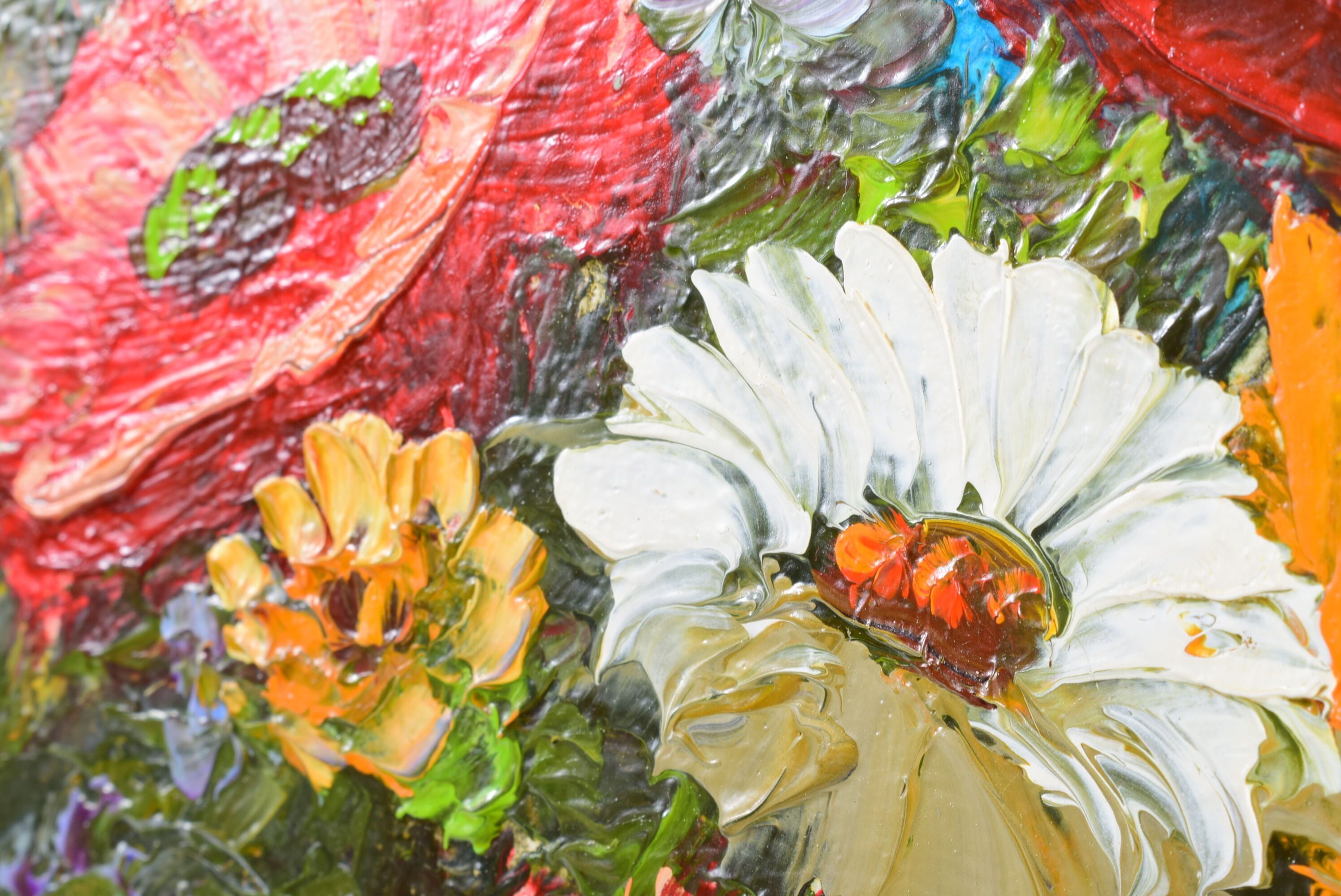 Painting, bouquet of flowers, oil on canvas, old gilded stucco frame