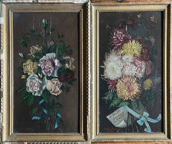 Tableaux pendant HSP Fleurs 1897 signés pour restauration
